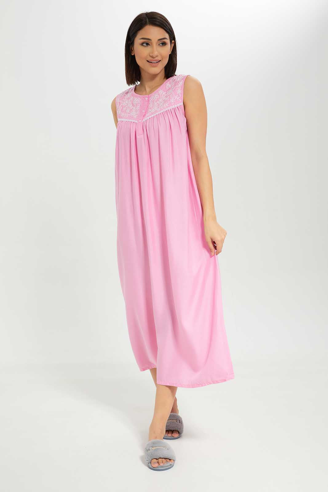 Redtag-Women-Pink-Color-Sleevesless-Embroidered-Nightgown-Category:Nightgowns,-Colour:Apricot,-Deals:New-In,-Dept:Ladieswear,-Filter:Women's-Clothing,-New-In-Women-APL,-Non-Sale,-S23A,-Section:Women,-Women-Nightgowns--