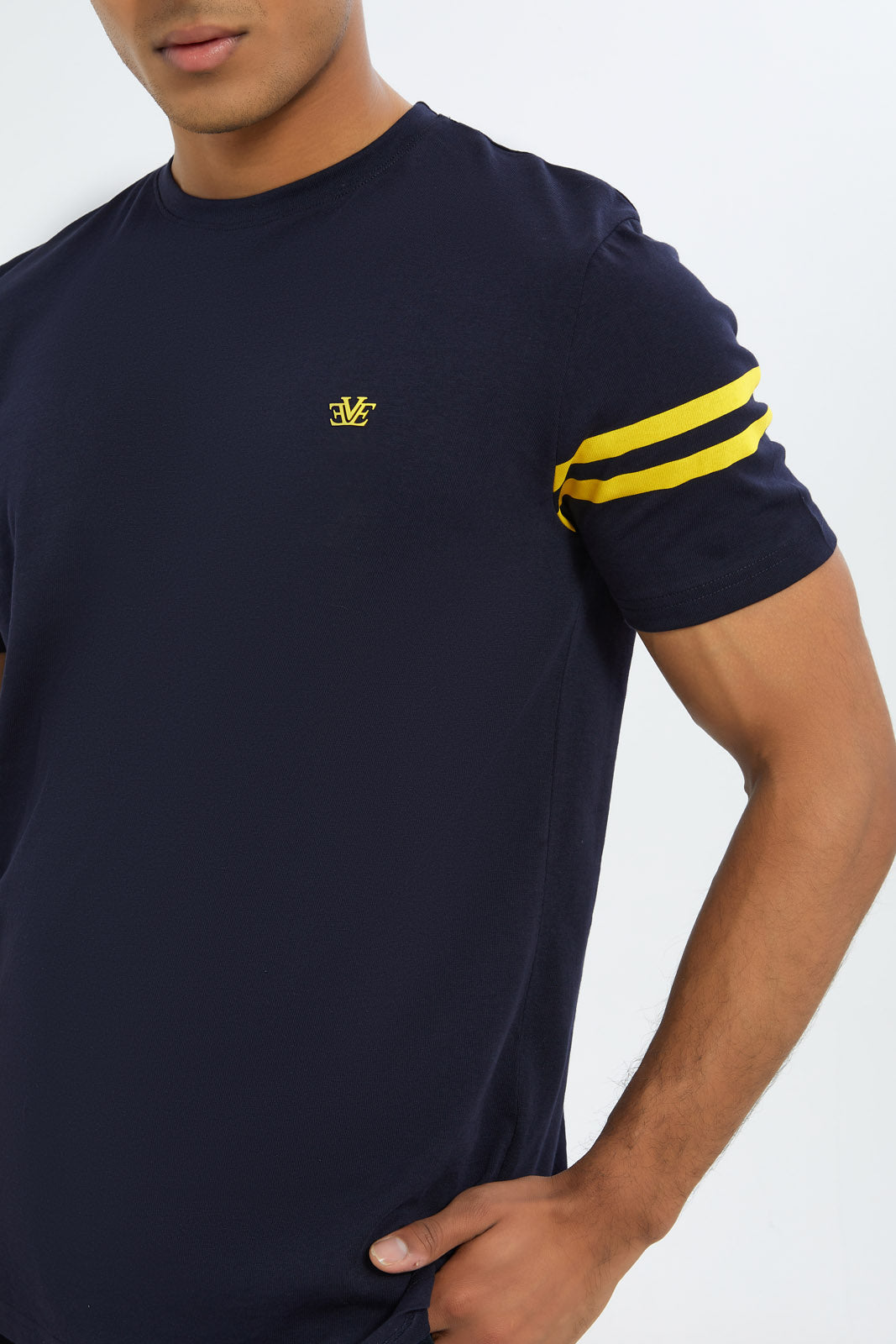 Redtag-Men-Navy-T-Shirt-With-Sleeve-Stripe-Category:T-Shirts,-Colour:Navy,-Deals:New-In,-Dept:Menswear,-Filter:Men's-Clothing,-H1:MWR,-H2:GEN,-H3:TSH,-H4:TSH,-Men-T-Shirts,-New-In-Men-APL,-Non-Sale,-S23C,-Season:S23C,-Section:Men,-TBL-Men's-