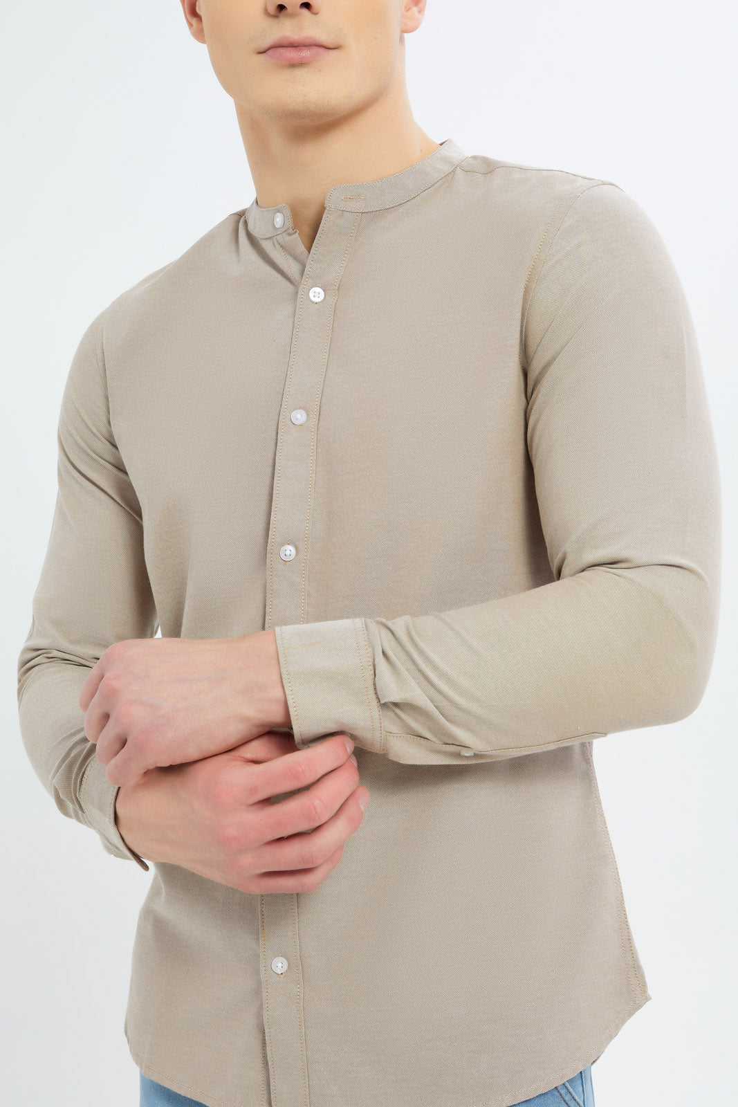 Redtag-Men-Beige-Mandrain-Collar-Oxford-Shirt-Category:Shirts,-Colour:Beige,-Deals:New-In,-Dept:Menswear,-Filter:Men's-Clothing,-Men-Shirts,-New-In-Men-APL,-Non-Sale,-S23B,-Section:Men,-TBL-Men's-