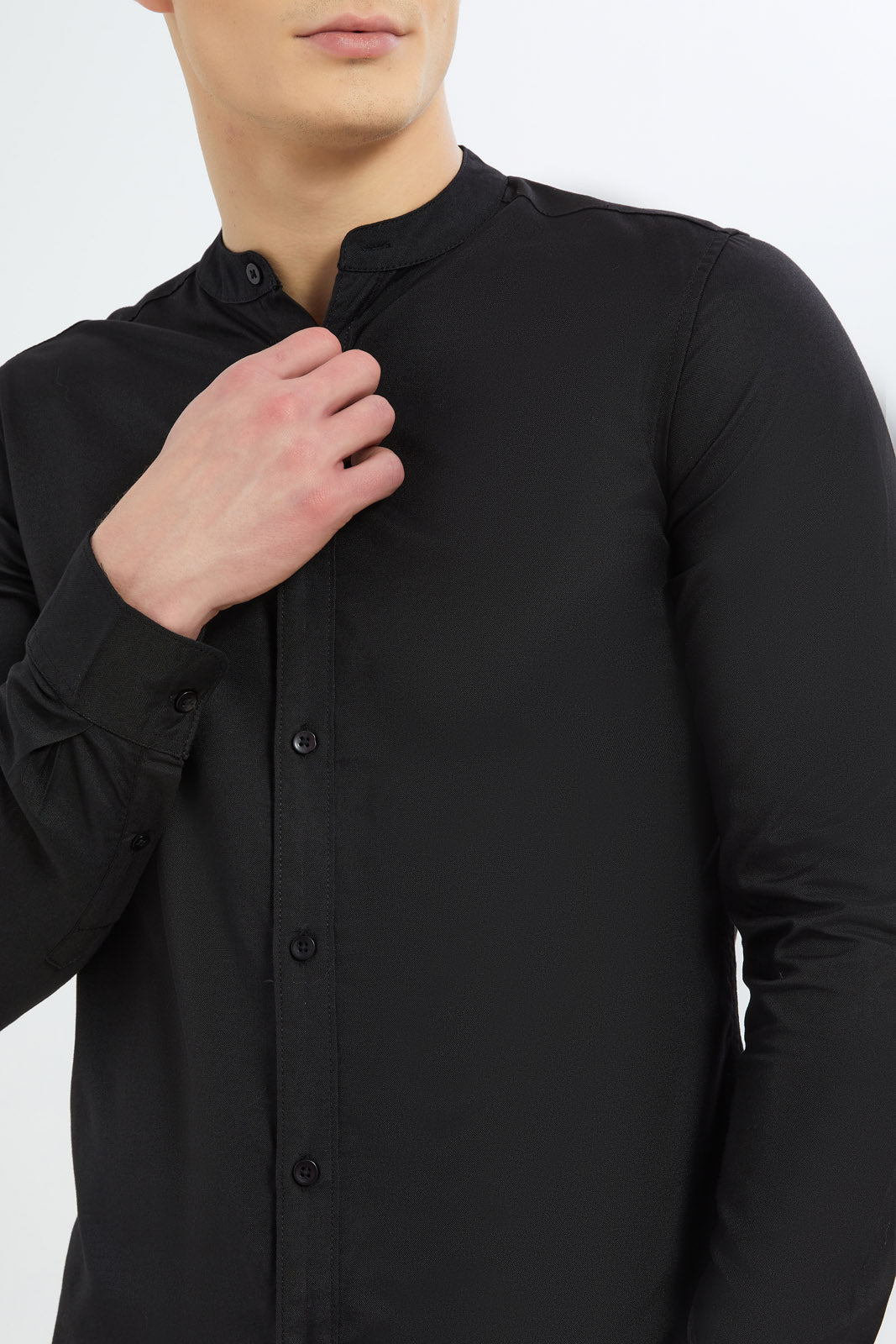 Redtag-Men-Black-Mandrain-Collar-Oxford-Shirt-Category:Shirts,-Colour:Black,-Deals:New-In,-Dept:Menswear,-Filter:Men's-Clothing,-Men-Shirts,-New-In-Men-APL,-Non-Sale,-S23B,-Section:Men,-TBL-Men's-