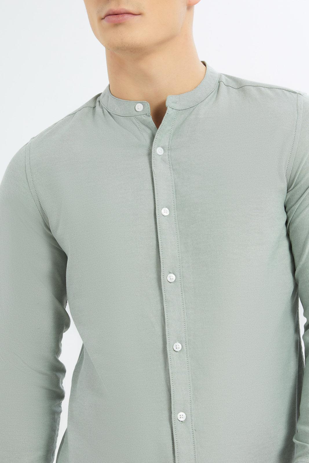 Redtag-Men-Sage-Green-Mandrain-Collar-Oxford-Shirt-Category:Shirts,-Colour:Green,-Deals:New-In,-Dept:Menswear,-Filter:Men's-Clothing,-Men-Shirts,-New-In-Men-APL,-Non-Sale,-S23B,-Section:Men,-TBL-Men's-