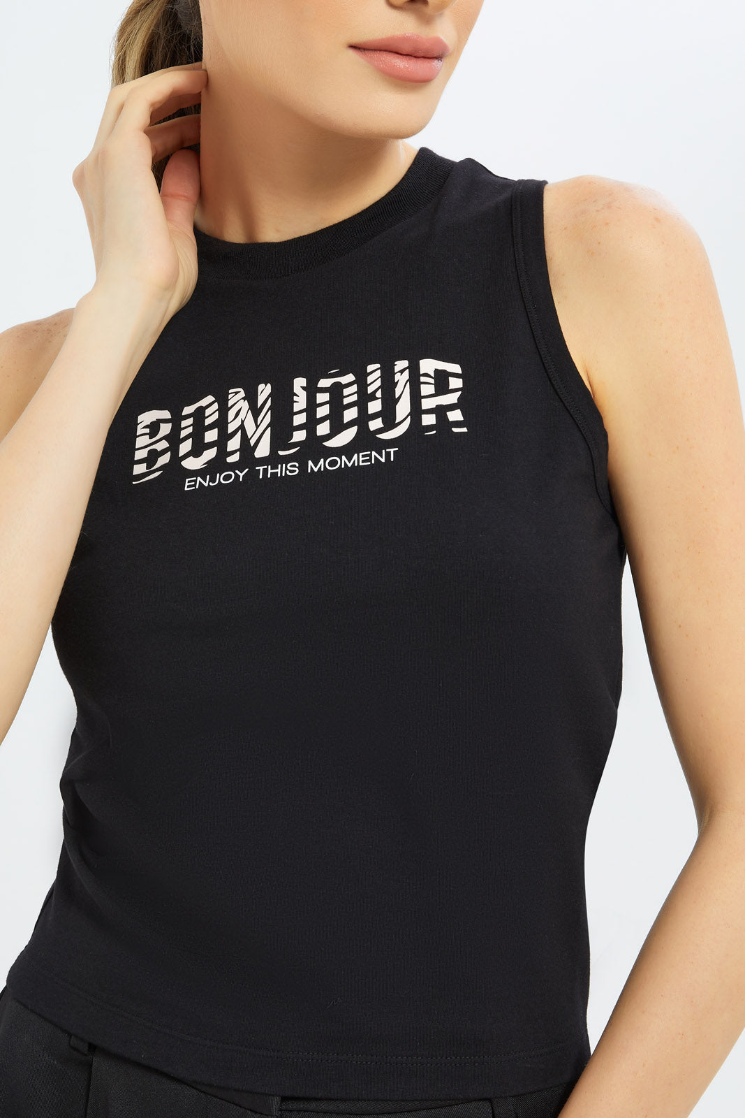 Redtag-Women-Black-Top-With-Print-Category:T-Shirts,-Colour:Black,-Deals:New-In,-Dept:Ladieswear,-Filter:Women's-Clothing,-LDC,-LDC-T-Shirts,-New-In-LDC-APL,-Non-Sale,-S23C,-Section:Women-Women's-