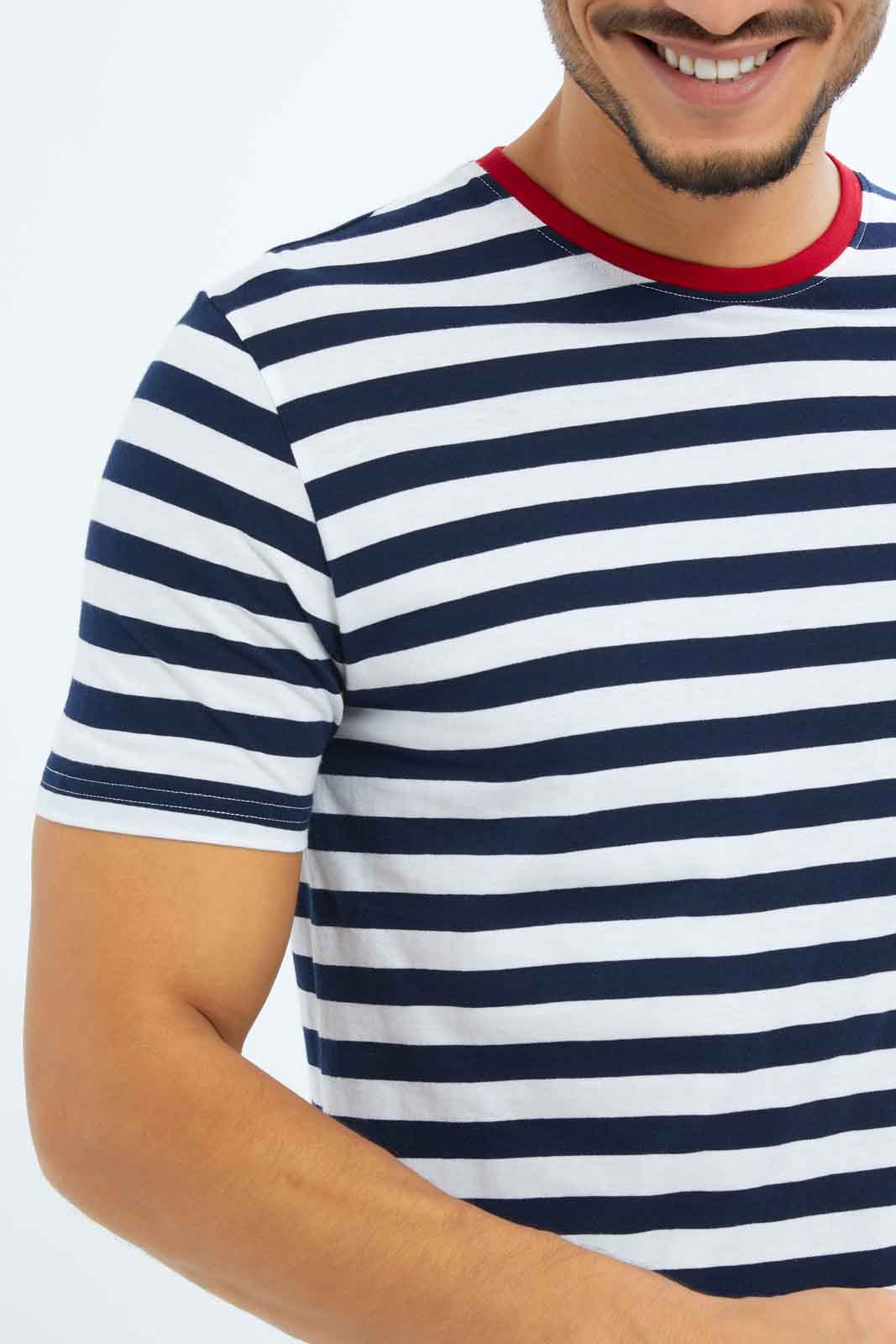 Redtag-Men-White/Navy-Striper-With-Red-Neck-Rib-T-Shirt-Category:T-Shirts,-Colour:White,-Deals:New-In,-Dept:Menswear,-Filter:Men's-Clothing,-Men-T-Shirts,-New-In-Men-APL,-Non-Sale,-S23B,-Section:Men,-TBL-Men's-