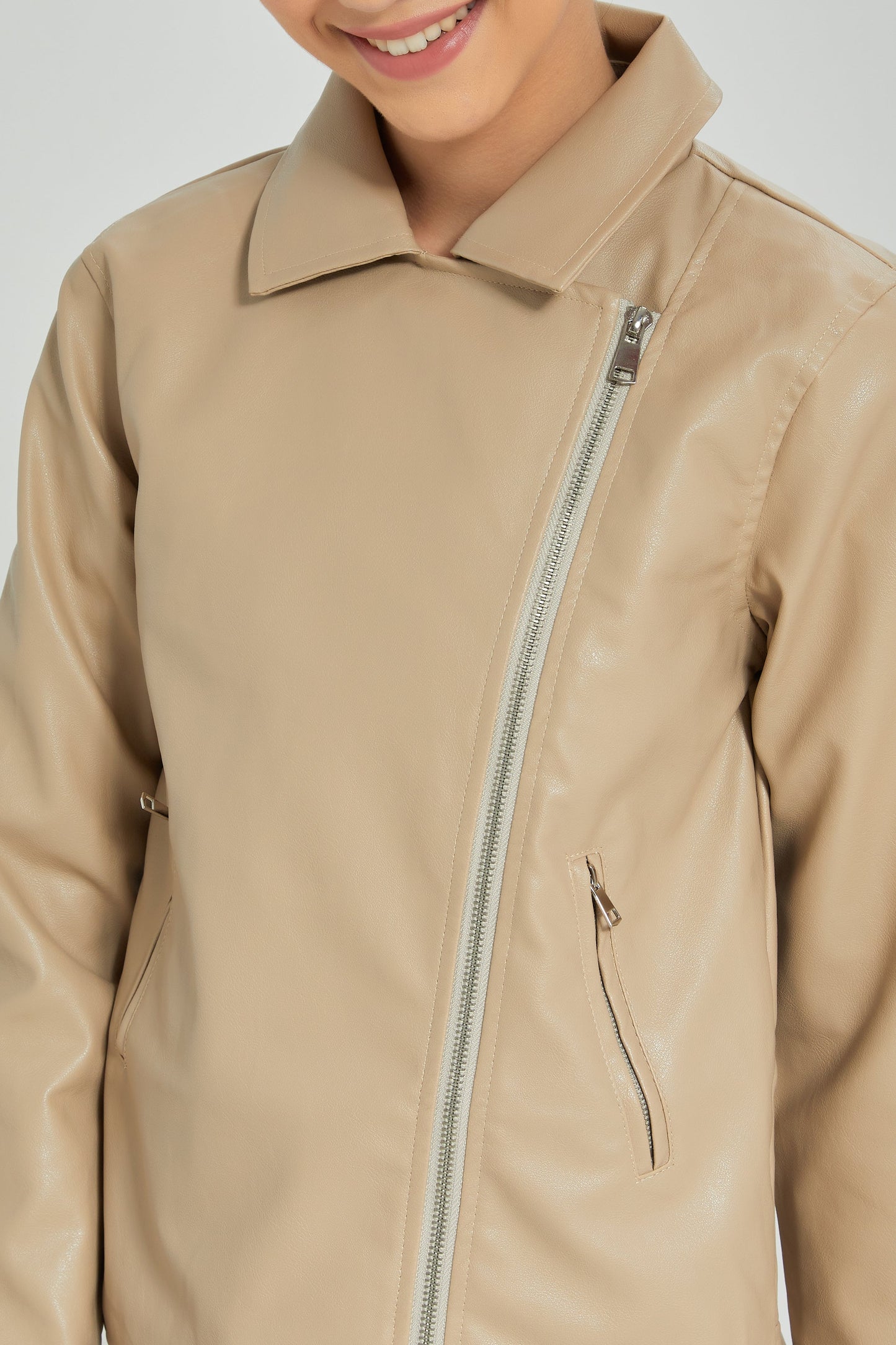Senior Girls Beige Biker Embellished Jacket