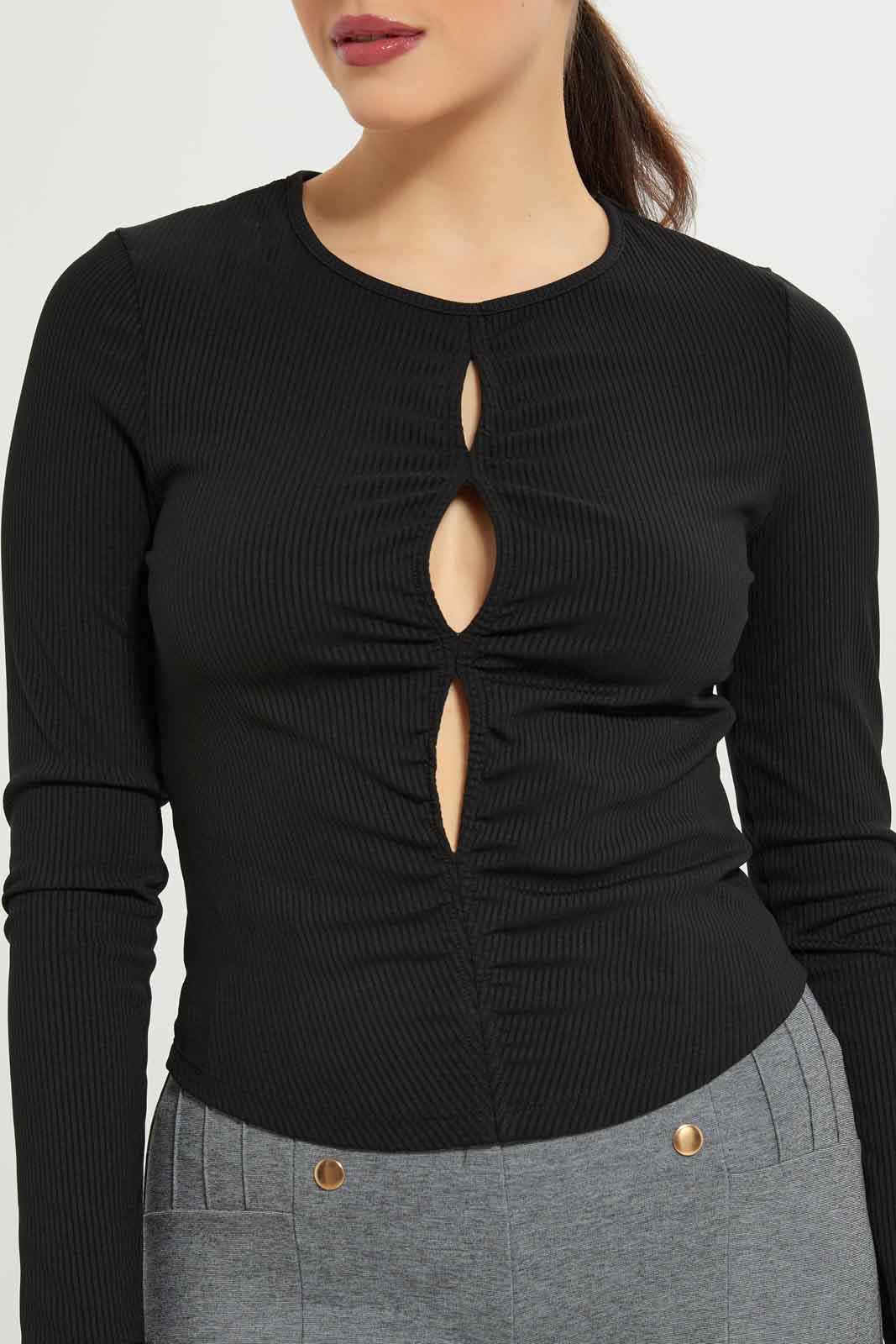 Redtag-Women-Black-Centre-Front-Ruching-Rib-Top-Category:Tops,-Colour:Black,-Deals:New-In,-Dept:Ladieswear,-Filter:Women's-Clothing,-New-In-Women-APL,-Non-Sale,-S23A,-Section:Women,-Women-Tops-Women's-