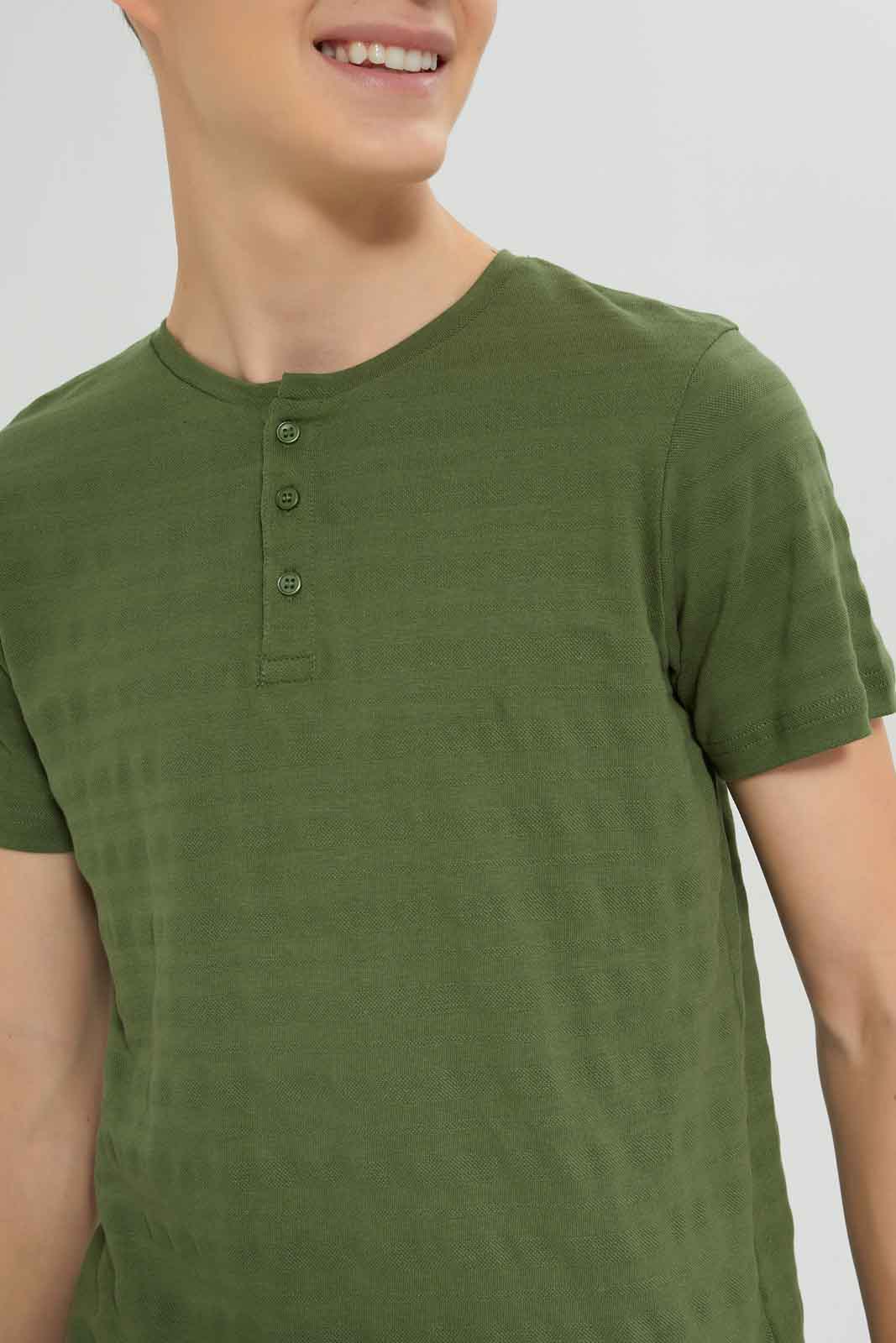 Redtag-Boys-Olive-Jacquard-Henley-Tee-BSR-T-Shirts,-Category:T-Shirts,-Colour:Green,-Deals:New-In,-Dept:Boys,-Filter:Senior-Boys-(8-to-14-Yrs),-New-In-BSR-APL,-Non-Sale,-S23A,-Section:Boys-(0-to-14Yrs),-TBL-Senior-Boys-9 to 14 Years