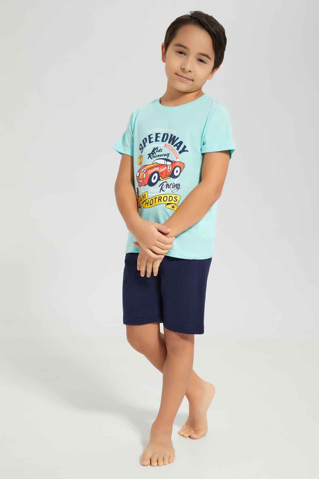 Redtag-Boys-Mint-Car-Short-Sleeve-Graphic-Tee-And-Shorts-Pyjama-Set-BOY-Pyjama-Sets,-Category:Pyjama-Sets,-Colour:Mint,-Deals:New-In,-Dept:Boys,-Filter:Boys-(2-to-8-Yrs),-New-In-BOY-APL,-Non-Sale,-S23A,-Section:Boys-(0-to-14Yrs),-VLM-Boys-2 to 8 Years