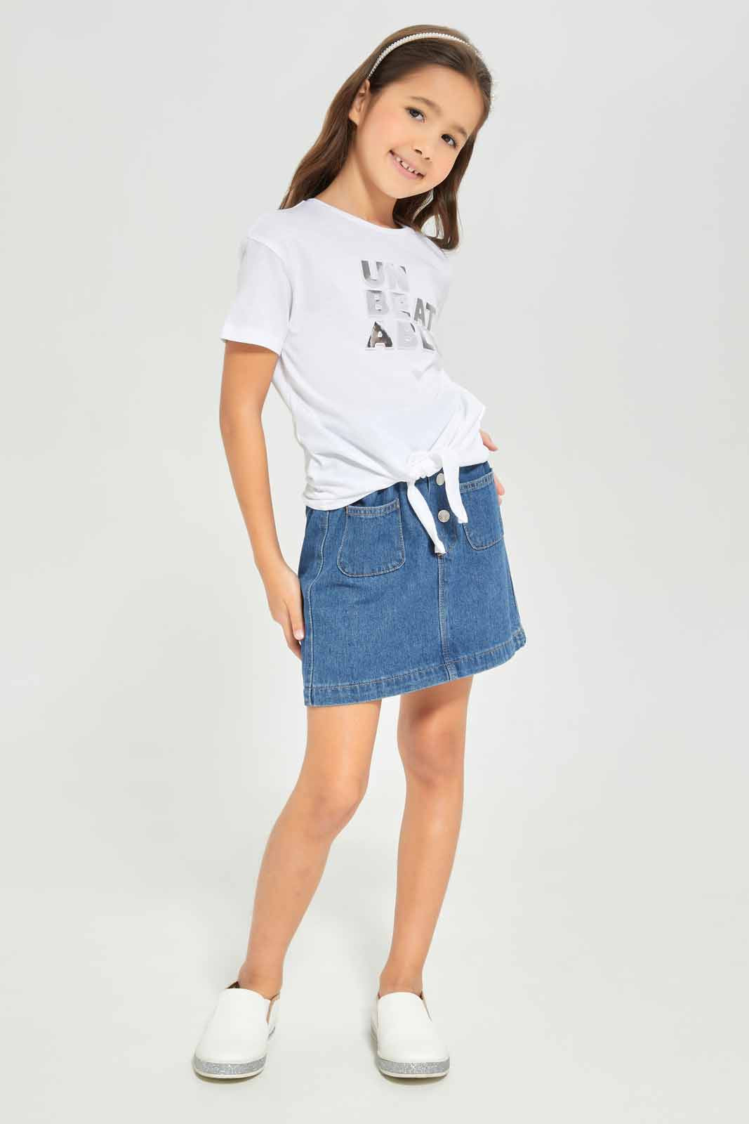 Redtag-Girls-Ss-Tee-Tie-Detail---White-Unbeatable-Category:T-Shirts,-Colour:White,-Deals:New-In,-Dept:Girls,-Filter:Girls-(2-to-8-Yrs),-GIR-T-Shirts,-New-In-GIR-APL,-Non-Sale,-Section:Girls-(0-to-14Yrs),-TBL,-W22A-Girls-2 to 8 Years
