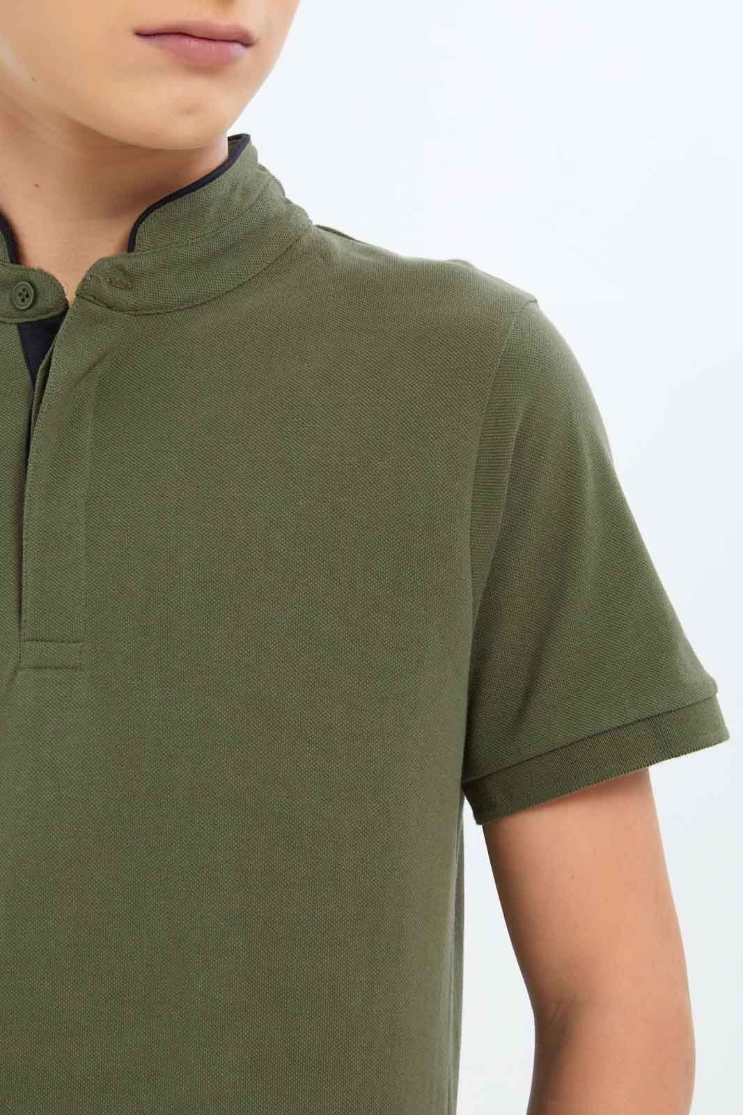 Redtag-Boys-Olive-Mandarin-Collar-Polo-BSR-Polo-T-Shirts,-Category:Polo-T-Shirts,-Colour:Green,-Deals:New-In,-Dept:Boys,-Filter:Senior-Boys-(8-to-14-Yrs),-New-In-BSR-APL,-Non-Sale,-S23B,-Section:Boys-(0-to-14Yrs),-TBL-Senior-Boys-9 to 14 Years