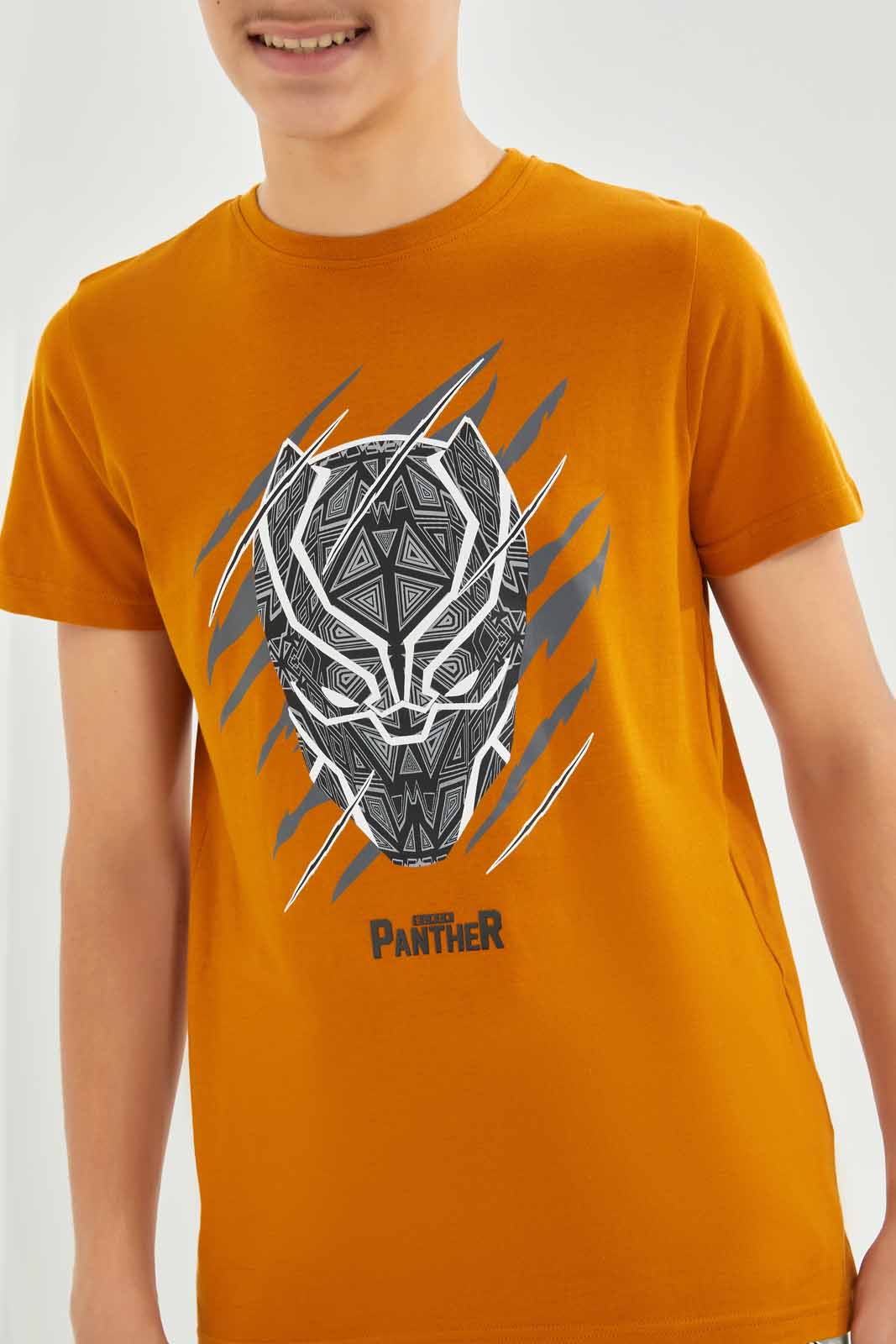Redtag-Boys-Mustard-Black-Panther-Tee-BSR-T-Shirts,-Category:T-Shirts,-Colour:Mustard,-Deals:New-In,-Dept:Boys,-Filter:Senior-Boys-(8-to-14-Yrs),-New-In-BSR-APL,-Non-Sale,-S23B,-Section:Boys-(0-to-14Yrs),-TBL-Senior-Boys-9 to 14 Years