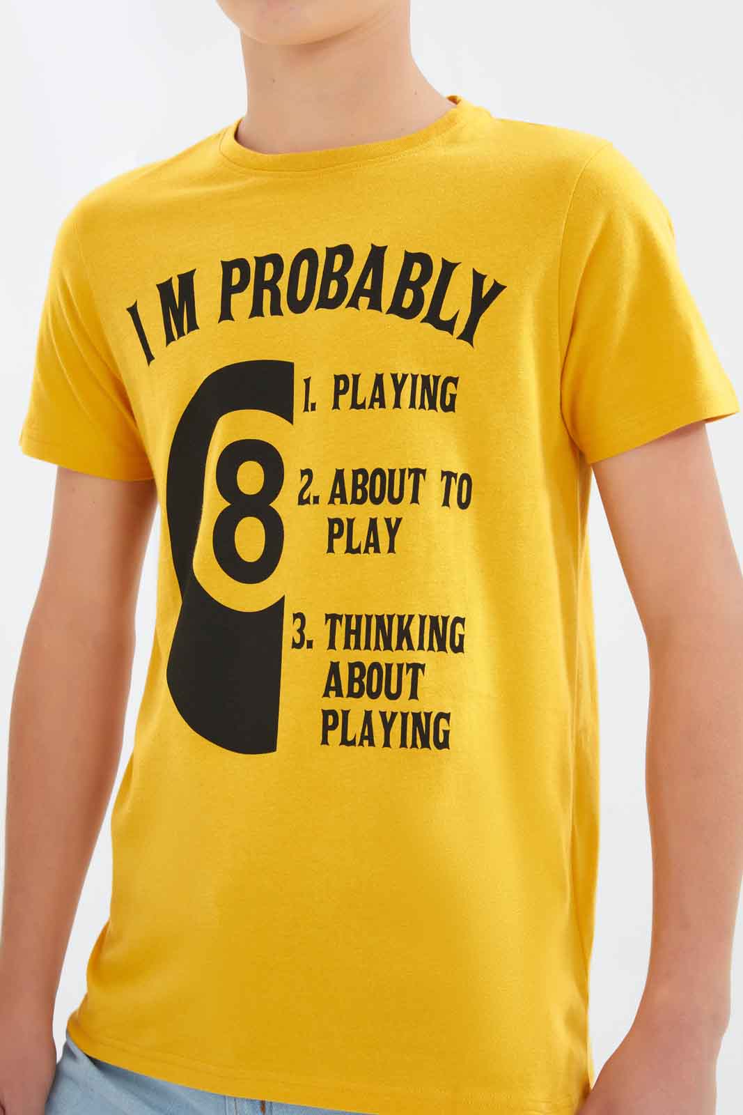 Redtag-Boys-Mustard-Playing-Pool-Graphic-Tee-BSR-T-Shirts,-Category:T-Shirts,-Colour:Mustard,-Deals:New-In,-Dept:Boys,-Filter:Senior-Boys-(8-to-14-Yrs),-New-In-BSR-APL,-Non-Sale,-S23A,-Section:Boys-(0-to-14Yrs),-TBL-Senior-Boys-9 to 14 Years
