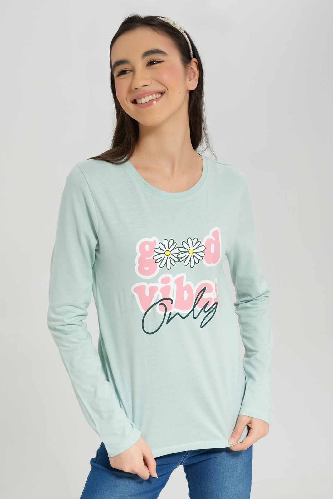 Redtag-Girls-Mint-L/S-T-Shirt-Category:T-Shirts,-Colour:Mint,-Deals:New-In,-Dept:Girls,-Filter:Senior-Girls-(8-to-14-Yrs),-GSR-T-Shirts,-New-In-GSR-APL,-Non-Sale,-S23A,-Section:Girls-(0-to-14Yrs),-TBL-Senior-Girls-9 to 14 Years