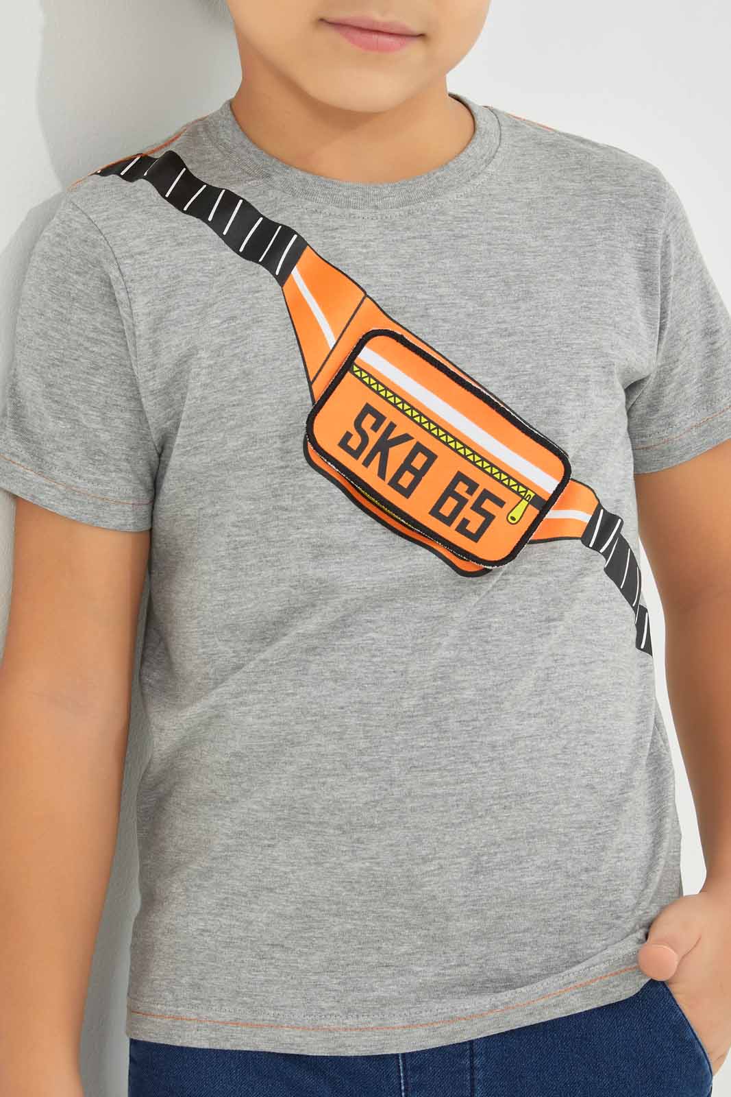 Redtag-Boys-Grey-Pouch-Bag-Print-T-Shirt-With-Kint-Denim-BOY-Sets,-Category:Sets,-Colour:Grey,-Deals:New-In,-Dept:Boys,-Filter:Boys-(2-to-8-Yrs),-New-In-BOY-APL,-Non-Sale,-S23A,-Section:Boys-(0-to-14Yrs)-Boys-2 to 8 Years