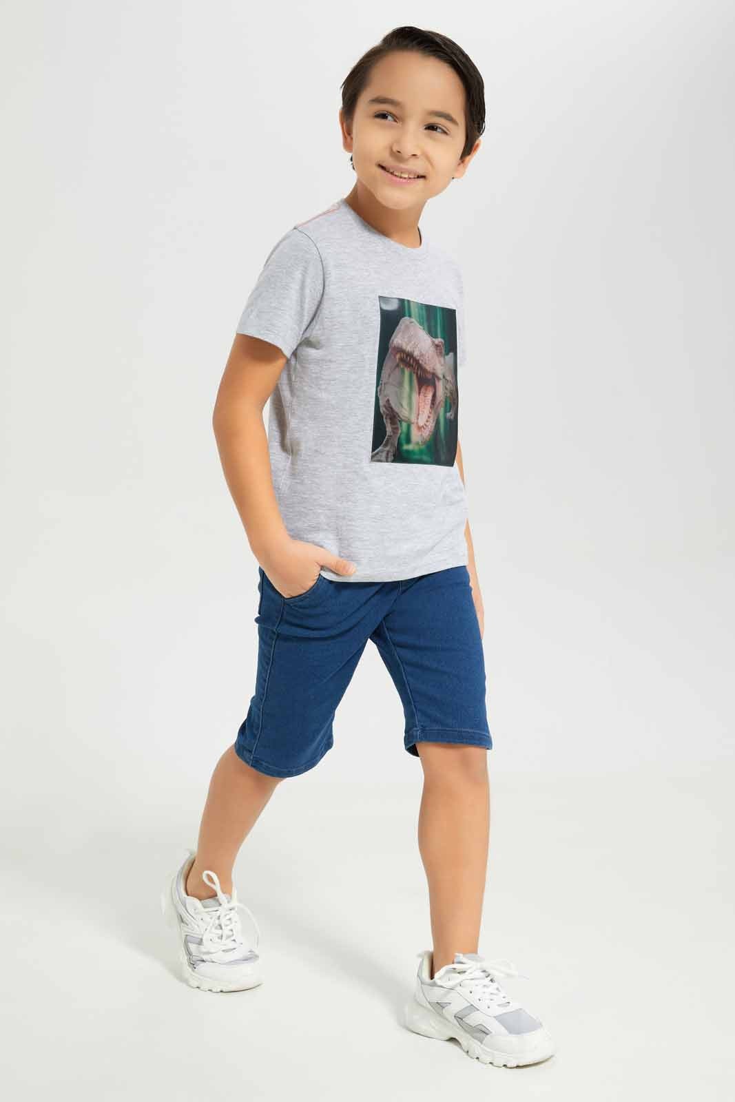 Redtag-Boys-Grey-Dino-Lenticular-T-Shirt-With-Kint-Denim-Shorts-BOY-Sets,-Category:Sets,-Colour:Grey,-Deals:New-In,-Dept:Boys,-Filter:Boys-(2-to-8-Yrs),-New-In-BOY-APL,-Non-Sale,-S23A,-Section:Boys-(0-to-14Yrs)-Boys-2 to 8 Years
