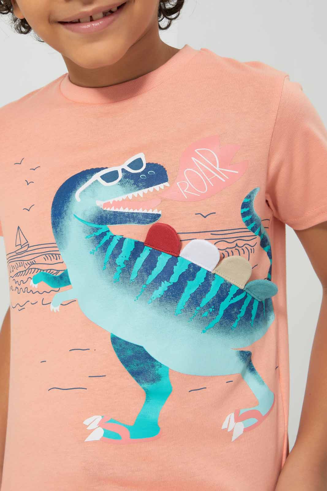 Redtag-Boys-Peach-Dino-Print-With-Spikes-With-Woven-Shorts-BOY-Sets,-Category:Sets,-Colour:Apricot,-Deals:New-In,-Dept:Boys,-Filter:Boys-(2-to-8-Yrs),-New-In-BOY-APL,-Non-Sale,-S23B,-Section:Boys-(0-to-14Yrs)-Boys-2 to 8 Years