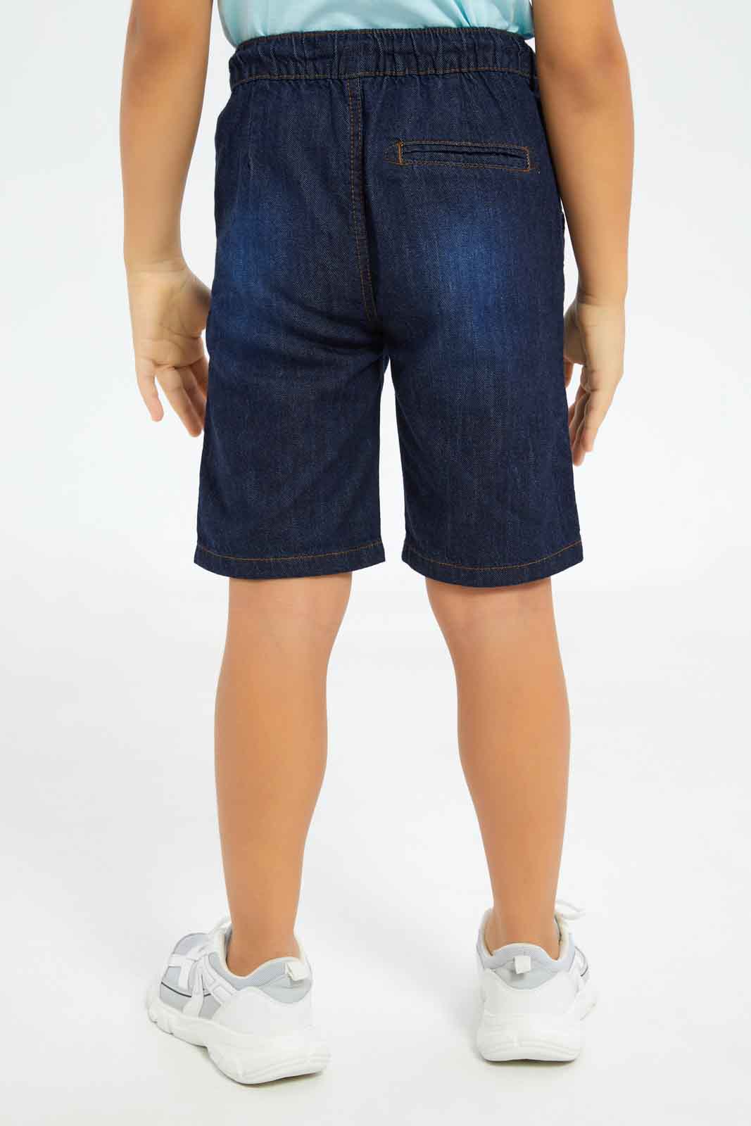 Redtag-Boys-Blue-Dinosaur-T-Shirt-With-Denim-Shorts-BOY-Sets,-Category:Sets,-Colour:Blue,-Deals:New-In,-Dept:Boys,-Filter:Boys-(2-to-8-Yrs),-New-In-BOY-APL,-Non-Sale,-S23B,-Section:Boys-(0-to-14Yrs)-Boys-2 to 8 Years