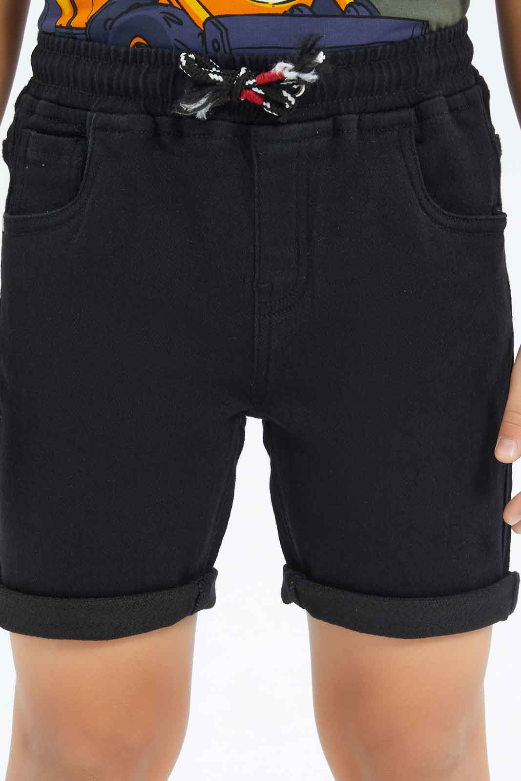 Redtag-Boys-Black-Knit-Denim-Elasticated-Waist-Shorts-BOY-Shorts,-Category:Shorts,-Colour:Blue,-Deals:New-In,-Dept:Boys,-Filter:Boys-(2-to-8-Yrs),-New-In-BOY-APL,-Non-Sale,-S23B,-Section:Boys-(0-to-14Yrs)-Boys-2 to 8 Years