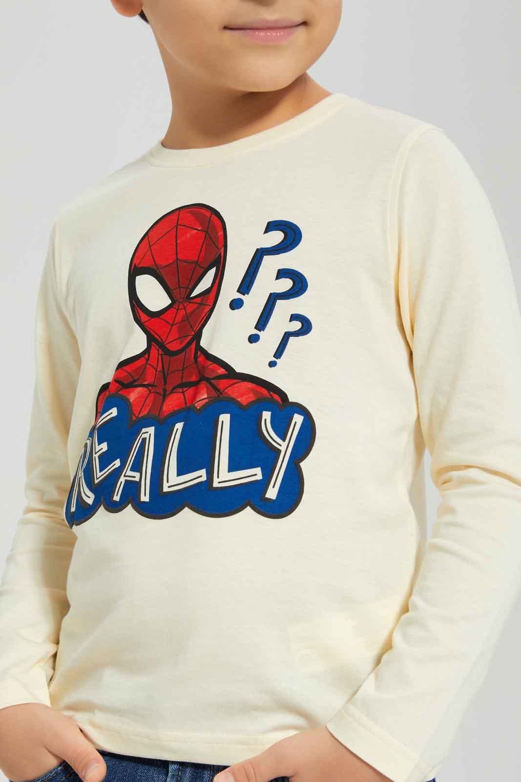Redtag-Boys-Cream-Spiderman-Character-Long-Sleeve-T-Shirt-BOY-T-Shirts,-Category:T-Shirts,-CHA,-Colour:Cream,-Deals:New-In,-Dept:Boys,-Filter:Boys-(2-to-8-Yrs),-New-In-BOY-APL,-Non-Sale,-S23A,-Section:Boys-(0-to-14Yrs),-TBL-Boys-2 to 8 Years