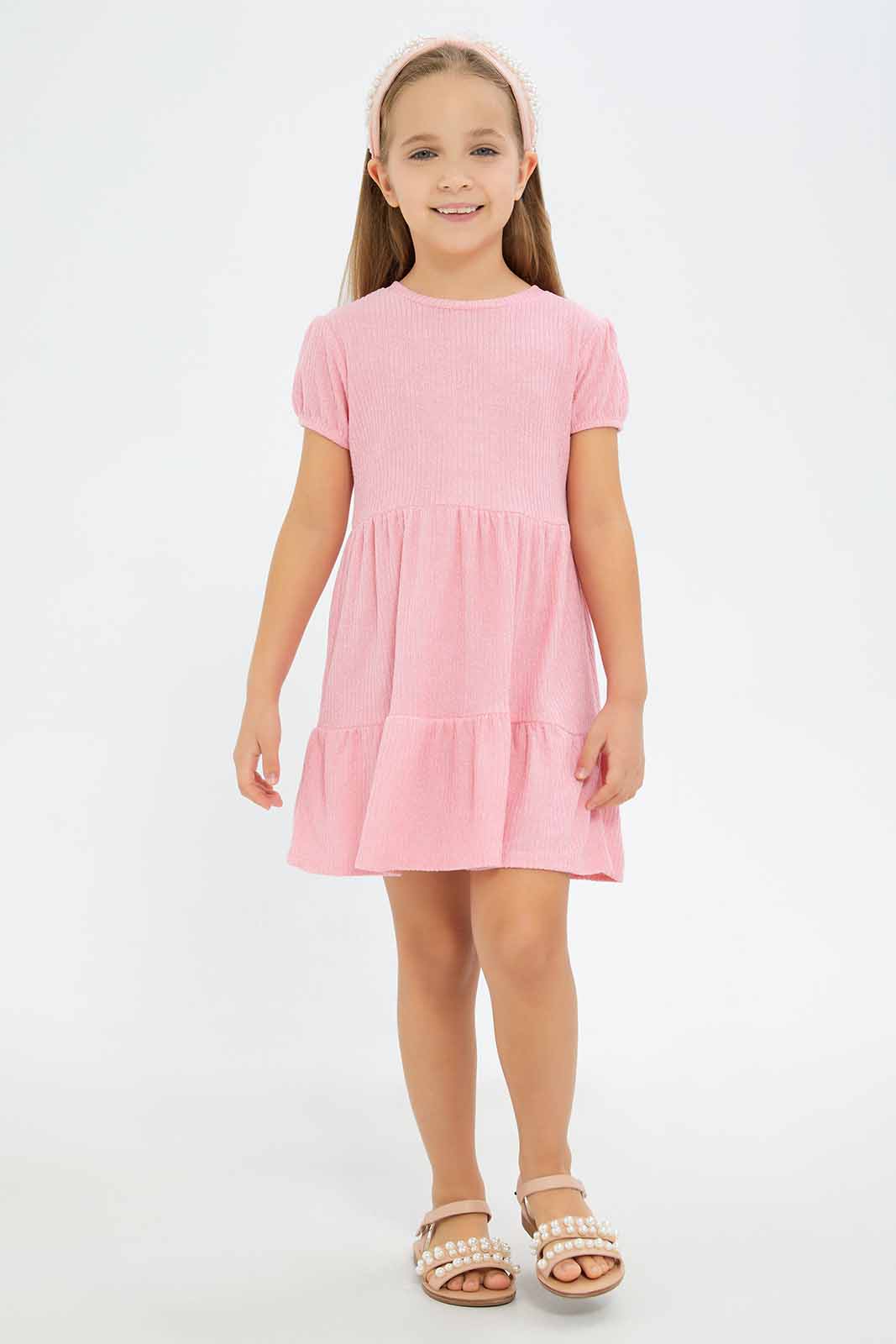 Redtag-Girls-Pink-Rib-Trapeze-Dress-Plain-Dark-Pink-Category:Dresses,-Colour:Apricot,-Deals:New-In,-Dept:Girls,-Filter:Girls-(2-to-8-Yrs),-GIR-Dresses,-New-In-GIR-APL,-Non-Sale,-S23A,-Section:Girls-(0-to-14Yrs)-Girls-2 to 8 Years
