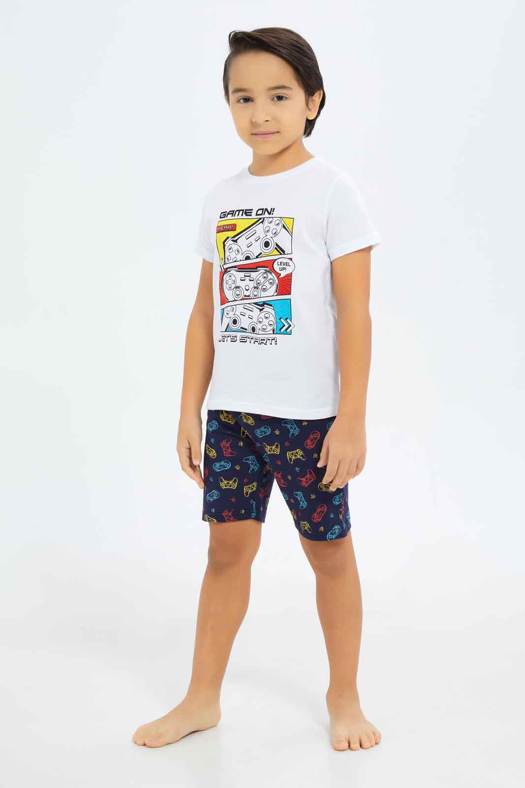 Redtag-Boys-White-Game-Print-Short-Sleeve-Tee-And-Shorts-Pyjama-Set-BOY-Pyjama-Sets,-Category:Pyjama-Sets,-Colour:White,-Deals:New-In,-Dept:Boys,-Filter:Boys-(2-to-8-Yrs),-New-In-BOY-APL,-Non-Sale,-S23B,-Section:Boys-(0-to-14Yrs),-VLM-Boys-2 to 8 Years