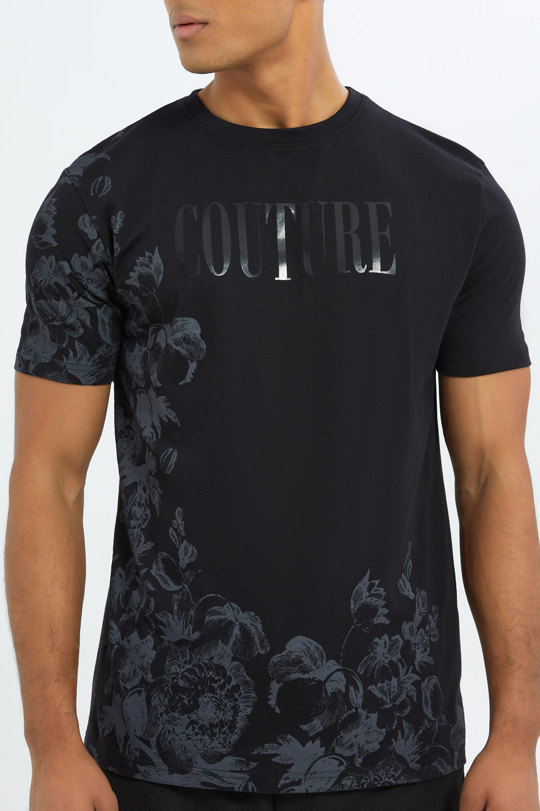 Redtag-Men-Black-Floral-Gold-Print-T-Shirt-Category:T-Shirts,-Colour:Black,-Deals:New-In,-Dept:Menswear,-Filter:Men's-Clothing,-H1:MWR,-H2:GEN,-H3:TSH,-H4:TSH,-Men-T-Shirts,-New-In-Men-APL,-Non-Sale,-RMD,-S23C,-Season:S23C,-Section:Men-Men's-