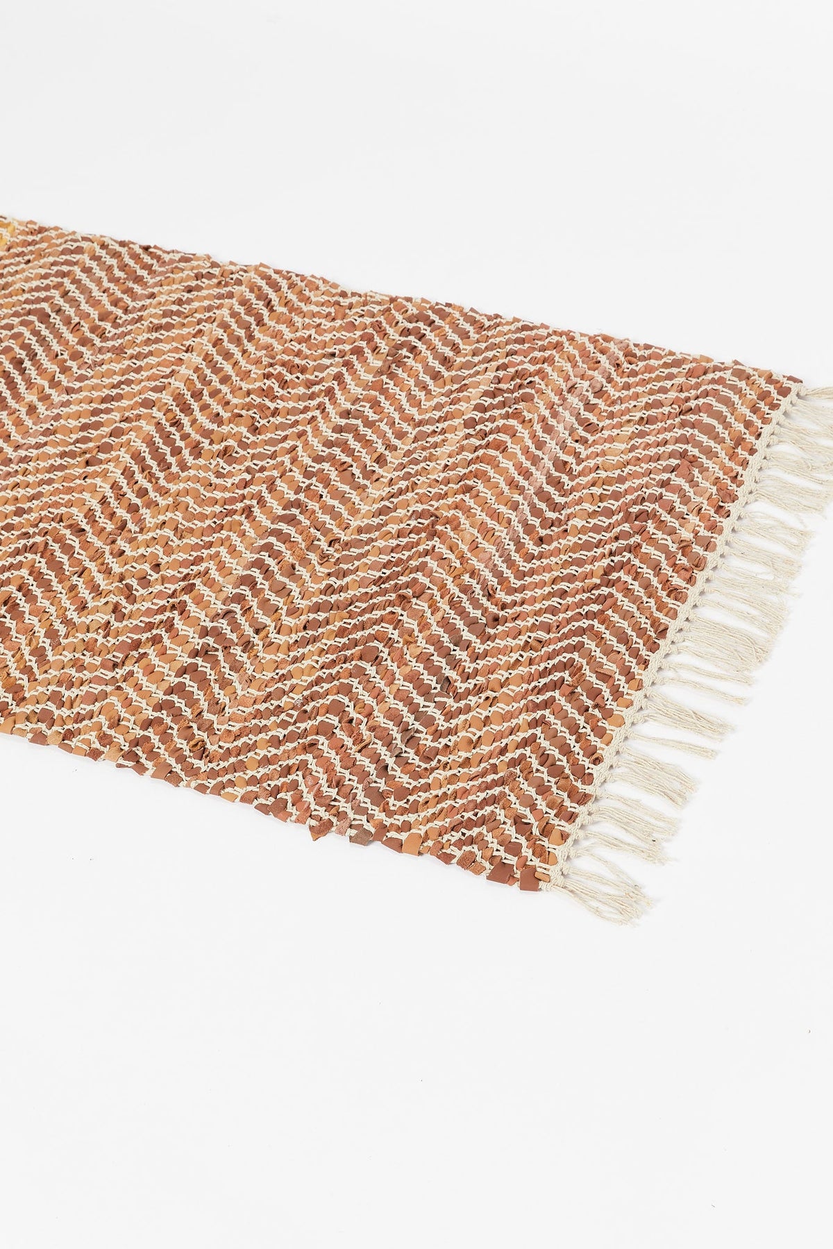 Redtag-Brown-Leather-Herringbone-Dhurrie-Category:Rugs,-Colour:Brown,-Deals:New-In,-Dept:Home,-Filter:Home-Decor,-HMW-HOM-Rugs-&-Door-Mats,-New-In-HMW-HOM,-Non-Sale,-S23B,-Section:Homewares-Home-Decor-
