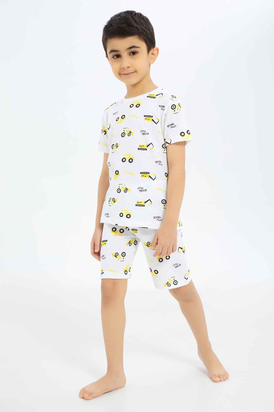 Redtag-Boys-White-Truck-Aop-Pyjama-Set-BOY-Pyjama-Sets,-Category:Pyjama-Sets,-Colour:White,-Deals:New-In,-Dept:Boys,-Filter:Boys-(2-to-8-Yrs),-New-In-BOY-APL,-Non-Sale,-S23A,-Section:Boys-(0-to-14Yrs)-Boys-2 to 8 Years