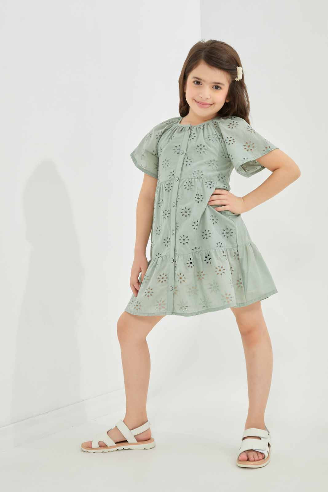 Redtag-Girls-Mustard-Anglaise-Button-Through-Dress-Category:Dresses,-Colour:Mustard,-Deals:New-In,-Dept:Girls,-Filter:Girls-(2-to-8-Yrs),-GIR-Dresses,-New-In-GIR-APL,-Non-Sale,-S23A,-Section:Girls-(0-to-14Yrs)-Girls-