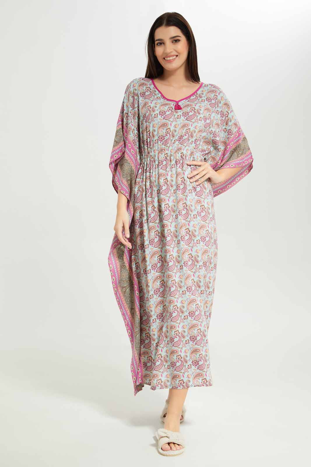 Redtag-Women-Pink-Color-Aop-Kaftan-Nightgown-Category:Nightgowns,-Colour:Apricot,-Deals:New-In,-Dept:Ladieswear,-Filter:Women's-Clothing,-New-In-Women-APL,-Non-Sale,-S23A,-Section:Women,-Women-Nightgowns--