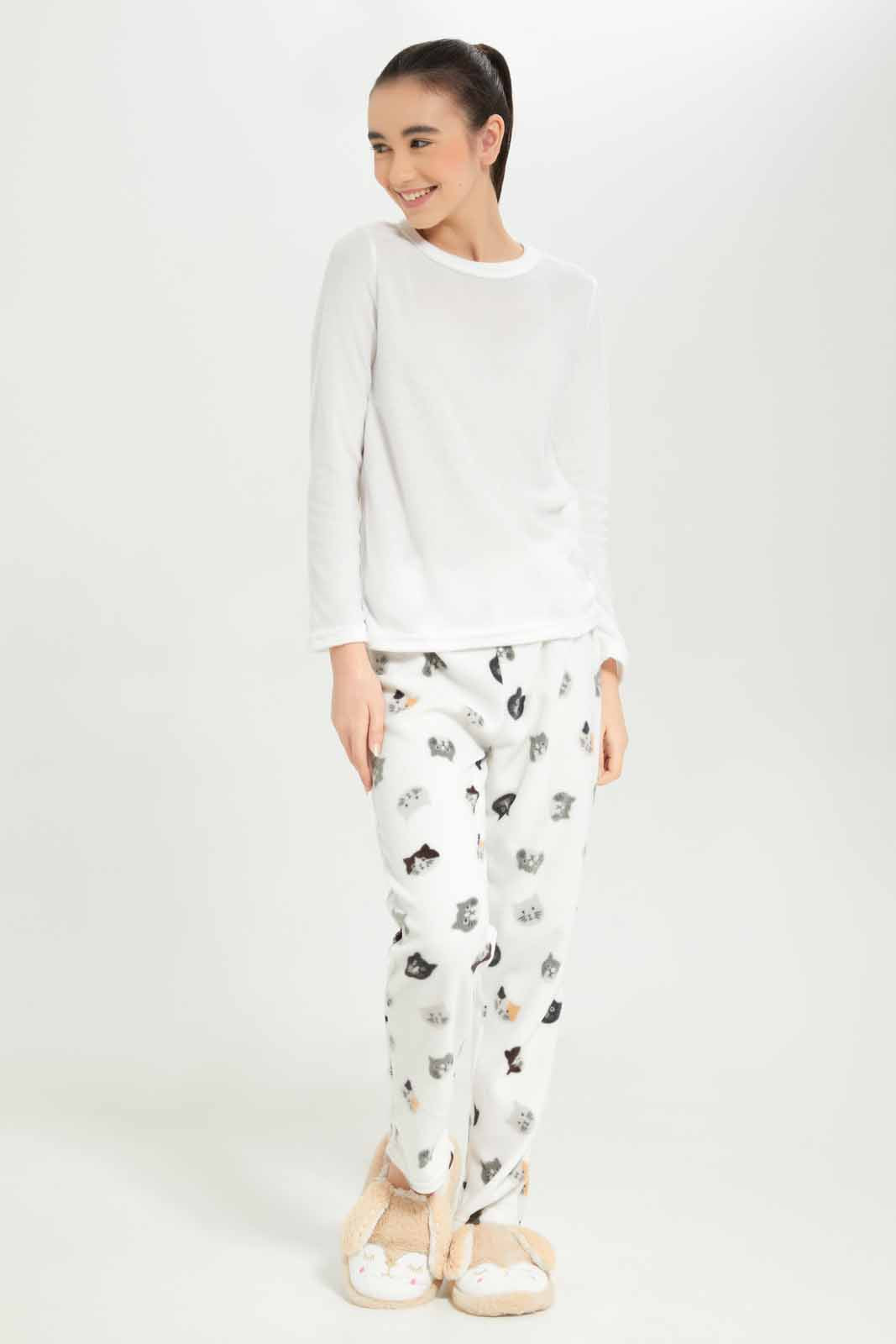 Redtag-Girls-White-Microfleece-Sets-Category:Pyjama-Sets,-Colour:White,-Deals:New-In,-Dept:Girls,-Filter:Senior-Girls-(8-to-14-Yrs),-GSR-Pyjama-Sets,-New-In-GSR-APL,-Non-Sale,-S23A,-Section:Girls-(0-to-14Yrs)-Senior-Girls-