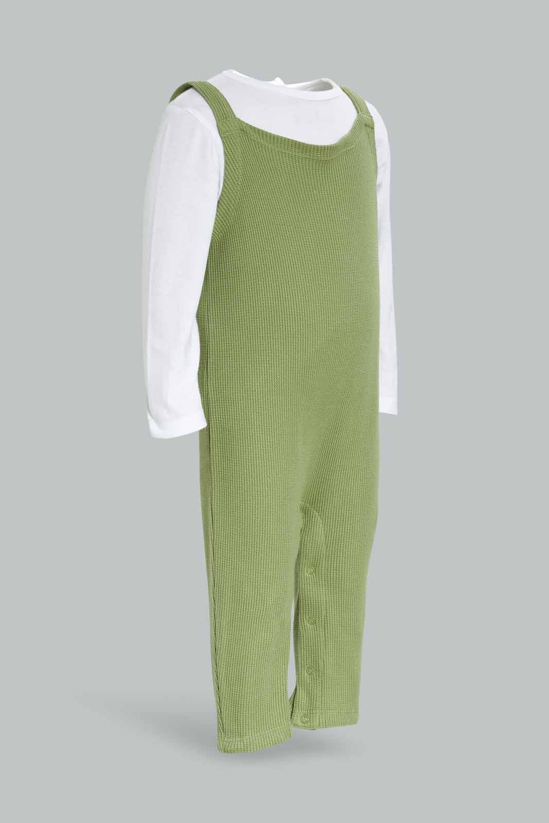 Redtag-2Pc-Waffle-Dungaree-And-Ls-Tshirt-Boy-Green-Category:Rompers,-Colour:Assorted,-Deals:New-In,-Dept:New-Born,-Filter:Baby-(0-to-12-Mths),-NBF-Rompers,-New-In-NBF-APL,-Non-Sale,-S23A,-Section:Boys-(0-to-14Yrs)-Baby-0 to 12 Months