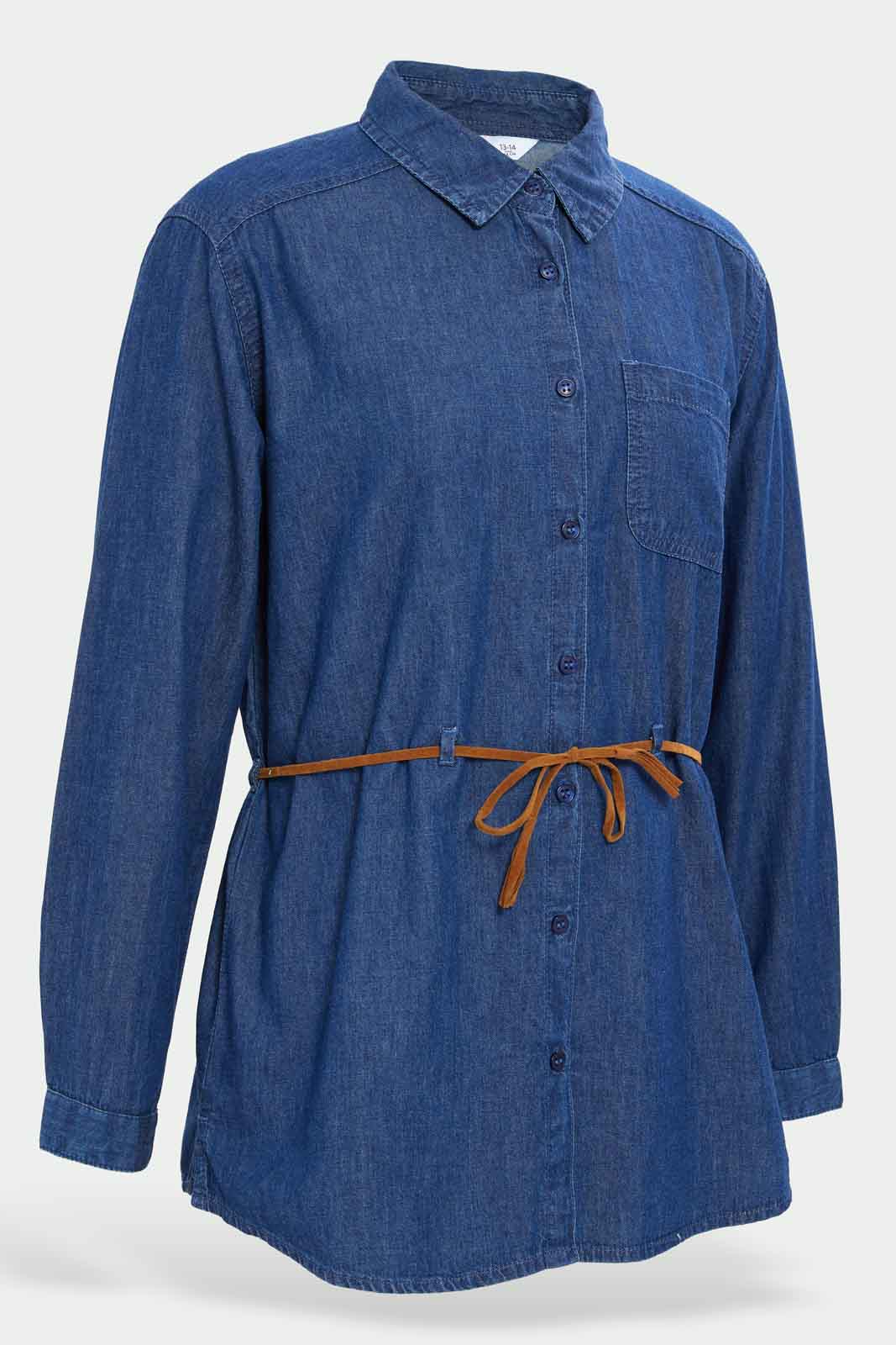 Redtag-Girls-Dark-Wash-Denim-Tunic-Shirt-W/-Belt-Category:Blouses,-Colour:Dark-Wash,-Deals:New-In,-Dept:Girls,-Filter:Senior-Girls-(8-to-14-Yrs),-GSR-Blouses,-New-In-GSR-APL,-Non-Sale,-S23A,-Section:Girls-(0-to-14Yrs)-Senior-Girls-9 to 14 Years