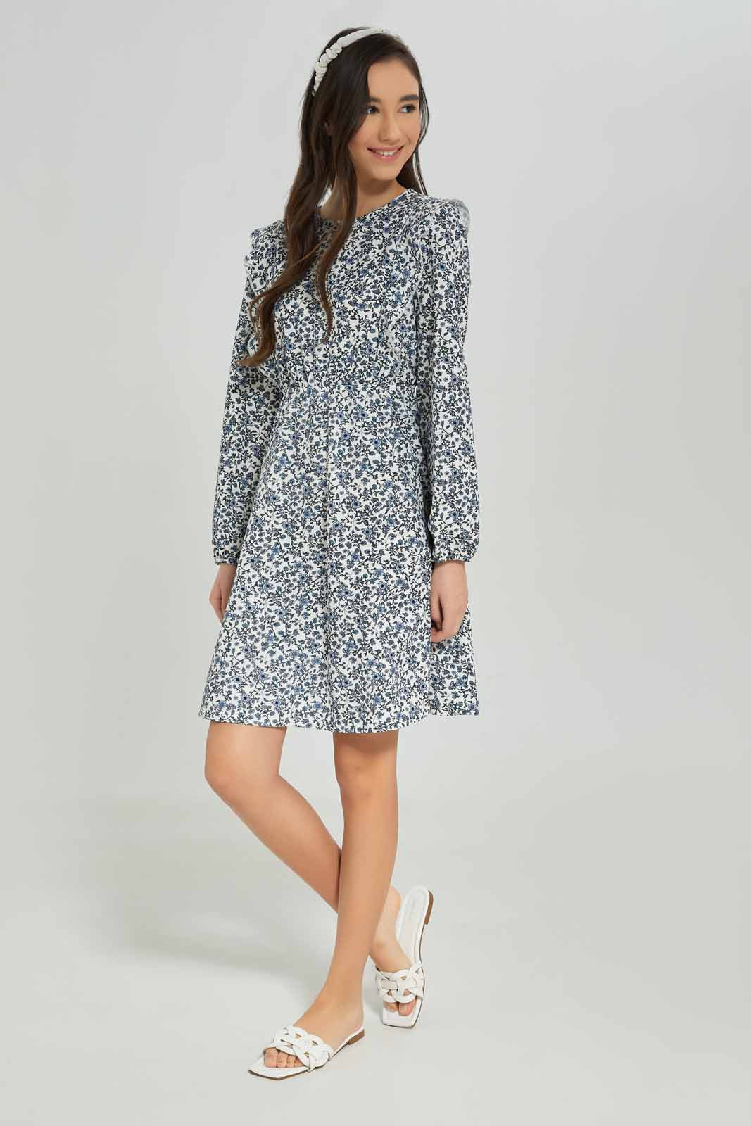 Redtag-Girls-White-L/S-Aop-Dress-Category:Dresses,-Colour:White,-Deals:New-In,-Dept:Girls,-Filter:Senior-Girls-(8-to-14-Yrs),-GSR-Dresses,-New-In-GSR-APL,-Non-Sale,-S23A,-Section:Girls-(0-to-14Yrs),-VLM-Senior-Girls-9 to 14 Years