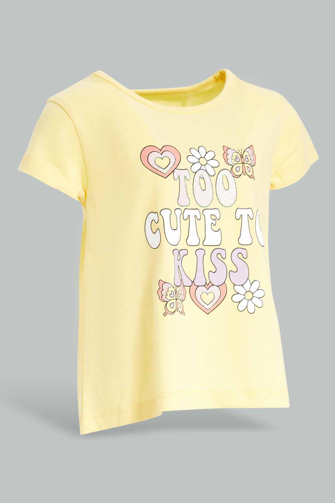 Redtag-Girls-Yellow-Too-Cute-To-Kiss-T-Shirt-Category:T-Shirts,-Colour:Yellow,-Deals:New-In,-Dept:Girls,-Filter:Infant-Girls-(3-to-24-Mths),-ING-T-Shirts,-New-In-ING-APL,-Non-Sale,-S23A,-Section:Girls-(0-to-14Yrs),-TBL-Infant-Girls-