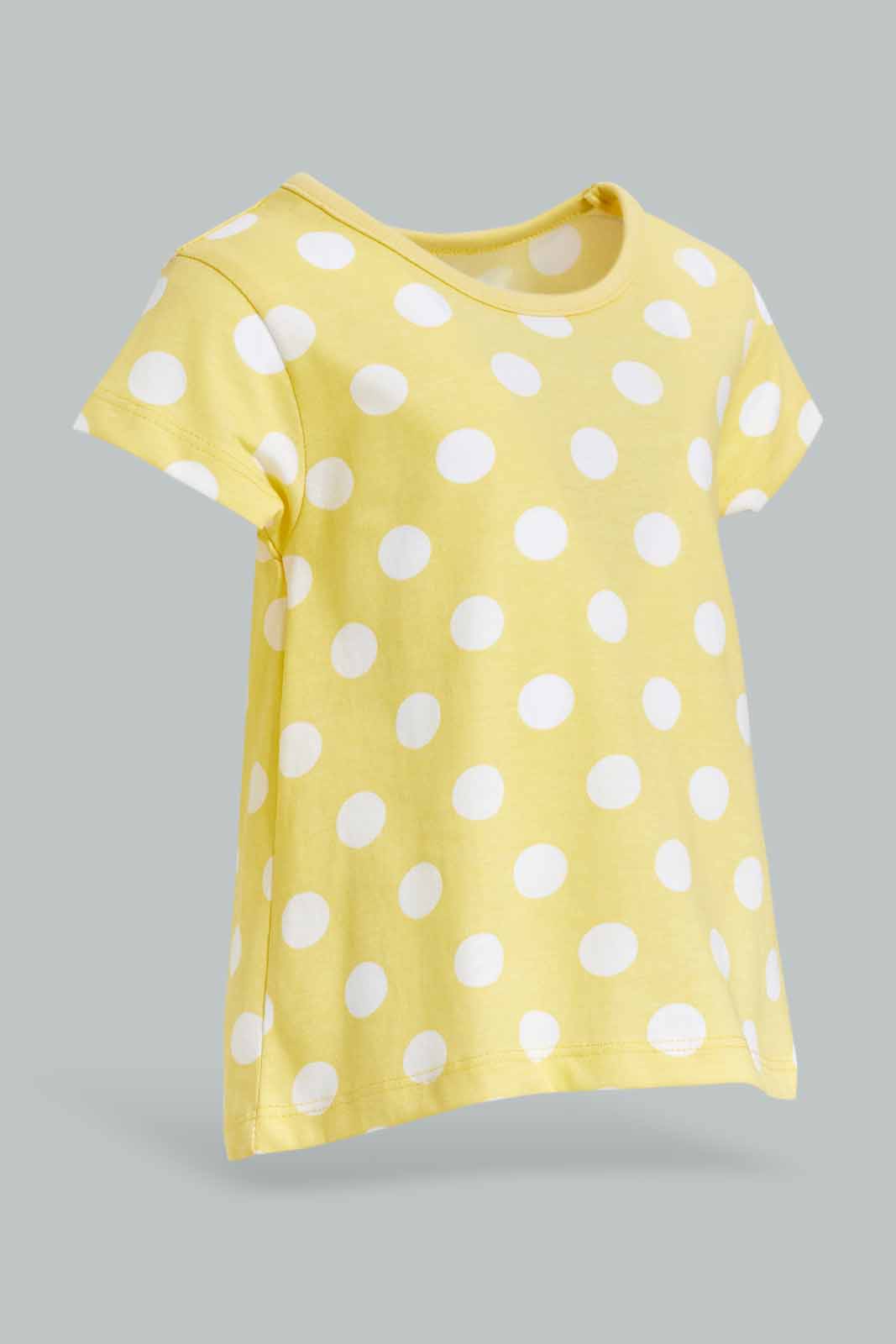 Redtag-Girls-Yellow-Polka-T-Shirt-Category:T-Shirts,-Colour:Yellow,-Deals:New-In,-Dept:Girls,-Filter:Infant-Girls-(3-to-24-Mths),-ING-T-Shirts,-New-In-ING-APL,-Non-Sale,-S23A,-Section:Girls-(0-to-14Yrs),-TBL-Infant-Girls-