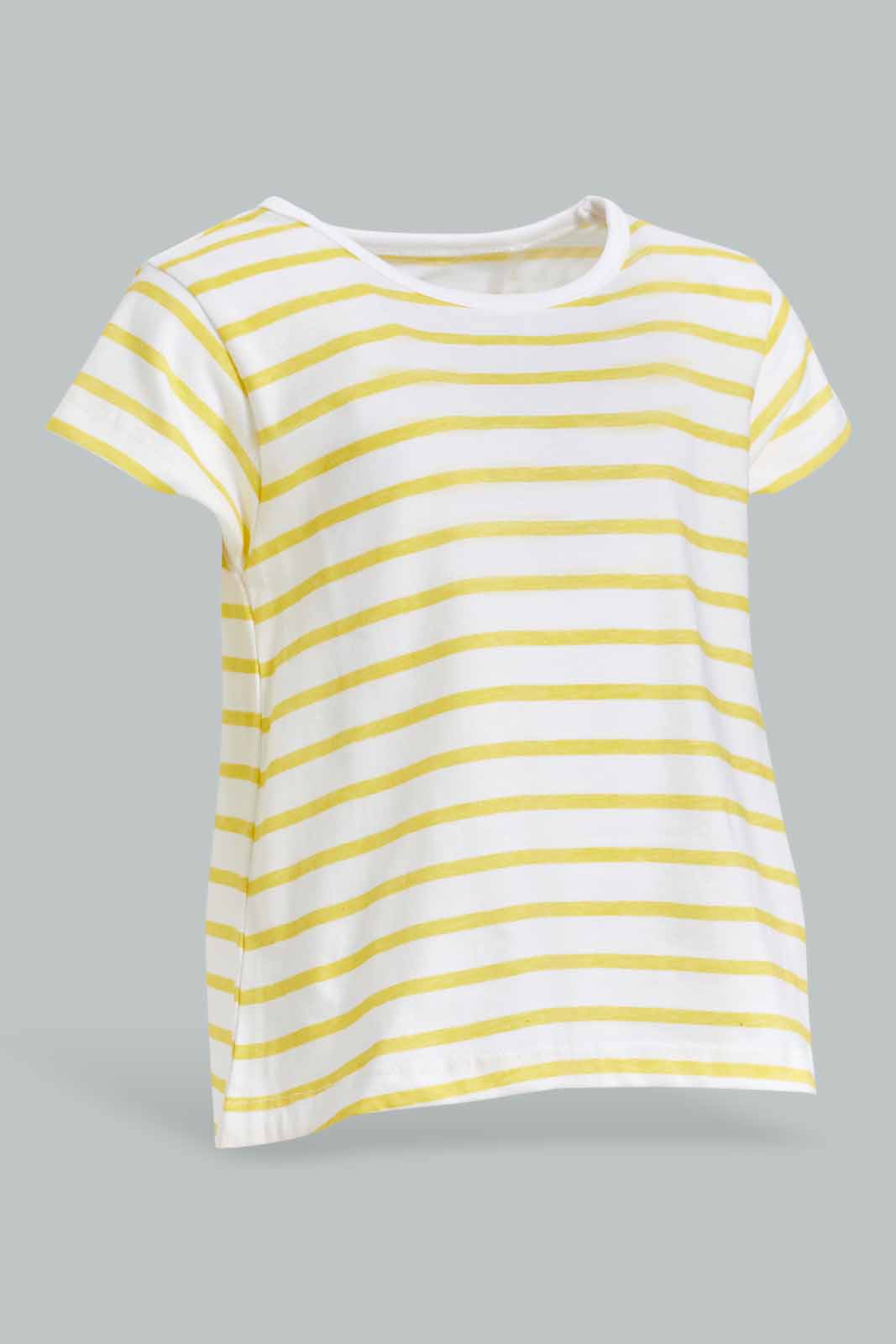 Redtag-Girls-Yellow-Stripes-T-Shirt-Category:T-Shirts,-Colour:Yellow,-Deals:New-In,-Dept:Girls,-Filter:Infant-Girls-(3-to-24-Mths),-ING-T-Shirts,-New-In-ING-APL,-Non-Sale,-S23A,-Section:Girls-(0-to-14Yrs),-TBL-Infant-Girls-