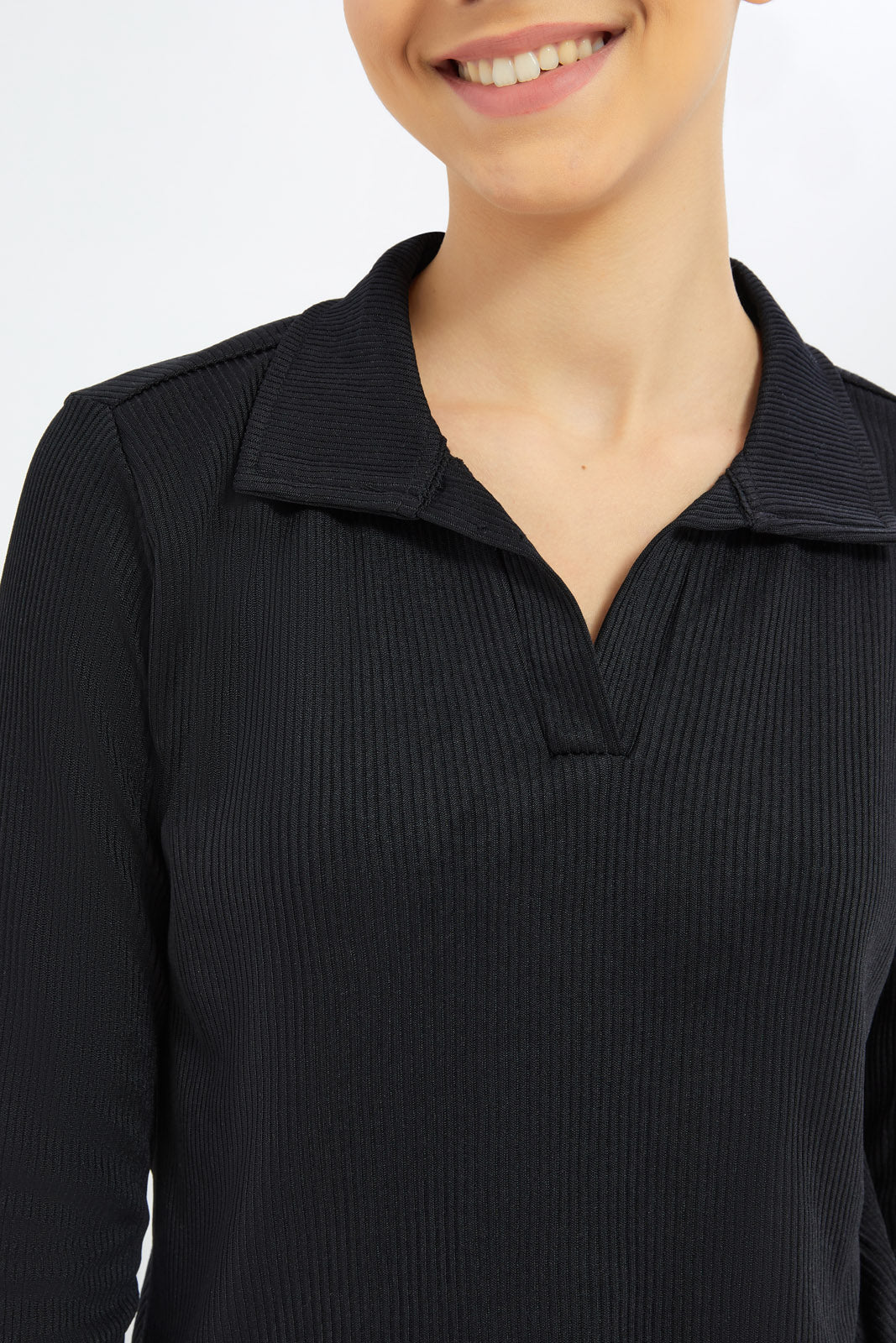 Redtag-Girls-Black-Collared-Rib-T-Shirt-Category:T-Shirts,-Colour:Black,-Deals:2-FOR-49,-Deals:New-In,-Dept:Girls,-Filter:Senior-Girls-(8-to-14-Yrs),-GSR-T-Shirts,-H1:KWR,-H2:GSR,-H3:TSH,-H4:CAT,-New-In-GSR-APL,-Non-Sale,-S23A,-Season:S23A,-Section:Girls-(0-to-14Yrs),-TBL-Senior-Girls-9 to 14 Years