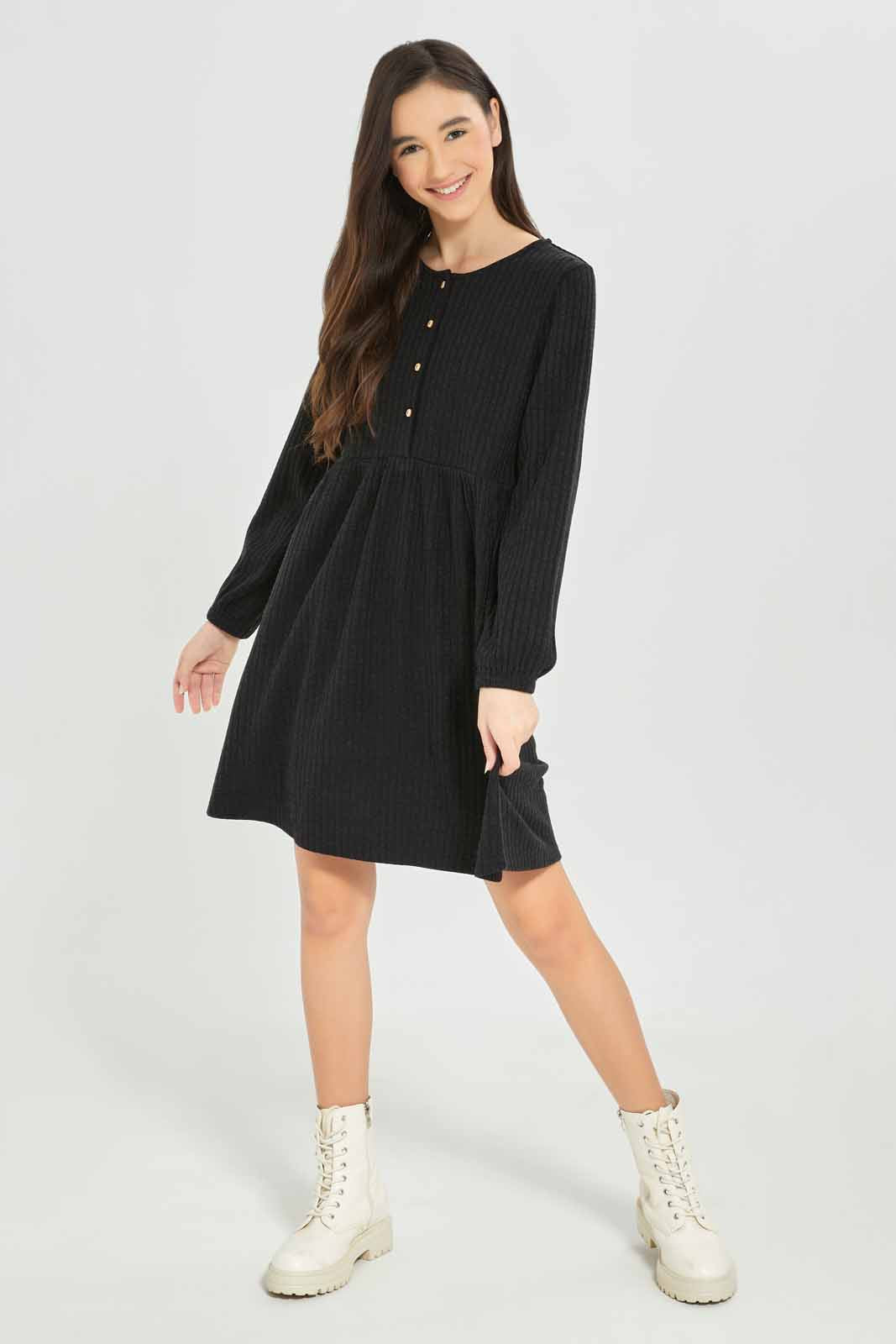 Redtag-Girls-Black-Rib-Dress-Category:Dresses,-Colour:Black,-Deals:New-In,-Dept:Girls,-Filter:Senior-Girls-(8-to-14-Yrs),-GSR-Dresses,-New-In-GSR-APL,-Non-Sale,-S23A,-Section:Girls-(0-to-14Yrs)-Senior-Girls-9 to 14 Years