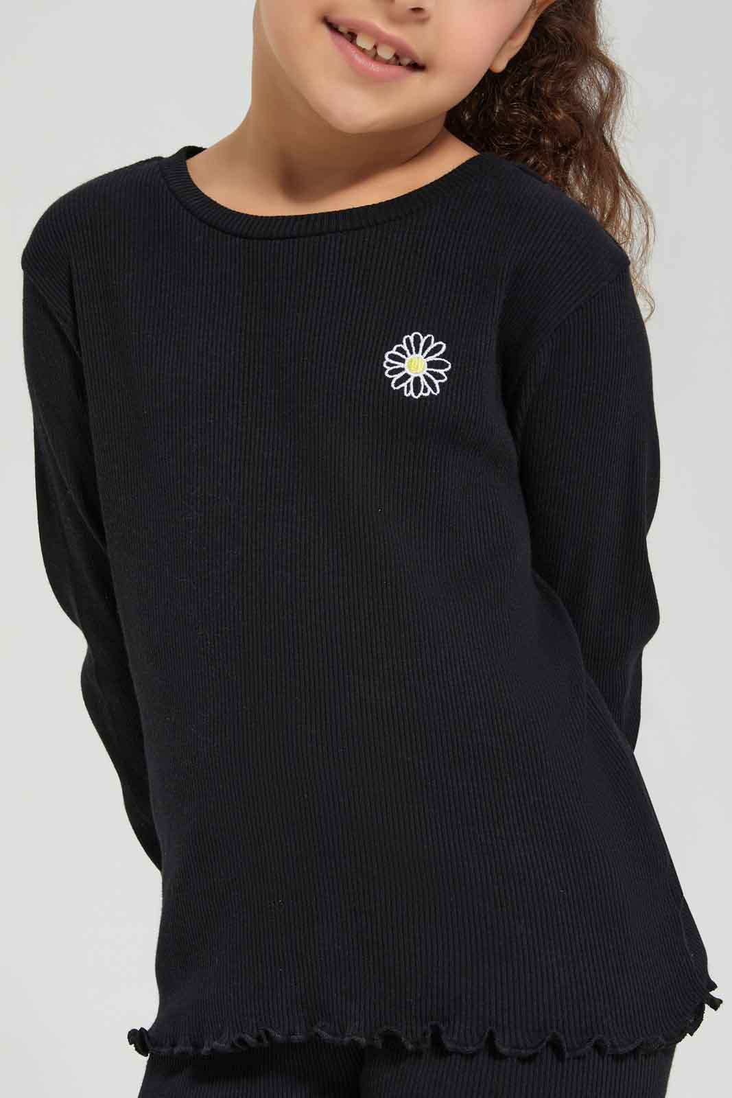 Redtag-Girls-Black-Rib-Tee-Category:T-Shirts,-Colour:Black,-Deals:New-In,-Dept:Girls,-Filter:Girls-(2-to-8-Yrs),-GIR-T-Shirts,-New-In-GIR-APL,-Non-Sale,-S23A,-Section:Girls-(0-to-14Yrs),-TBL-Girls-2 to 8 Years
