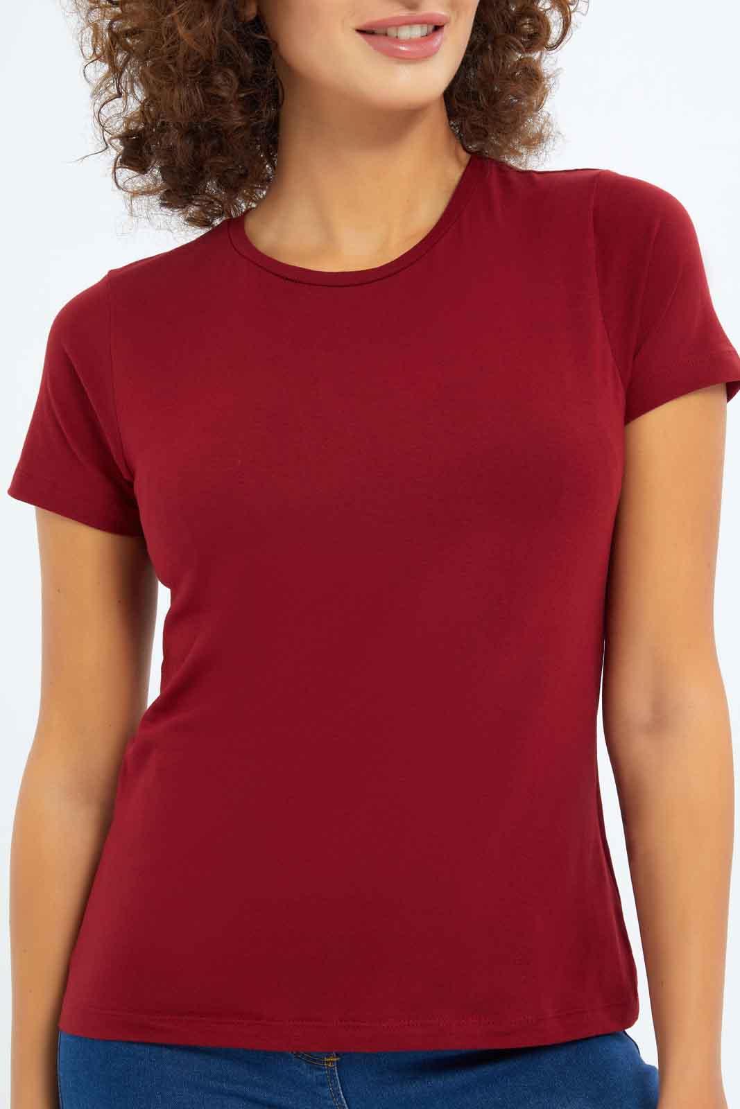 Redtag-Women-Burgundy-Short-Sleeve-Crew-Neck-T-Shirt-Category:T-Shirts,-Colour:Burgundy,-Deals:New-In,-Dept:Ladieswear,-Filter:Women's-Clothing,-New-In-Women-APL,-Non-Sale,-S23A,-Section:Women,-TBL,-Women-T-Shirts-Women's-