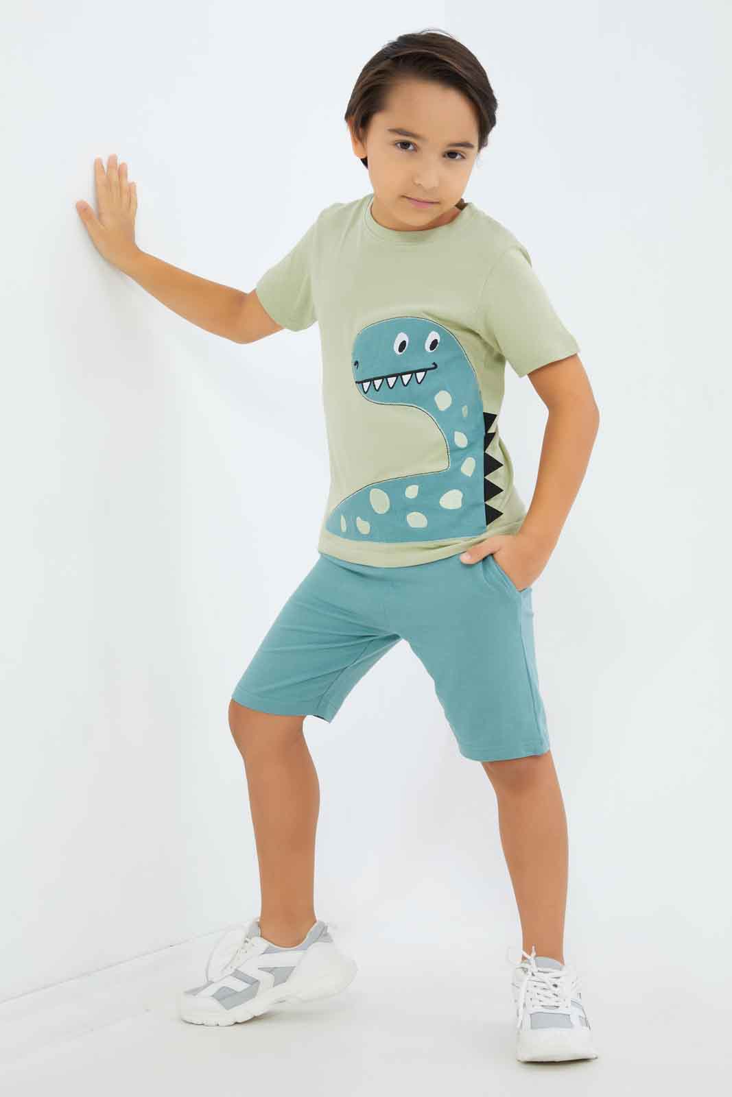 Redtag-Boys-Mint-Dino-Applique-T-Shirt-With-Terry-Bottom-BOY-Sets,-Category:Sets,-Colour:Mint,-Deals:New-In,-Dept:Boys,-Filter:Boys-(2-to-8-Yrs),-New-In-BOY-APL,-Non-Sale,-S23A,-Section:Boys-(0-to-14Yrs)-Boys-2 to 8 Years
