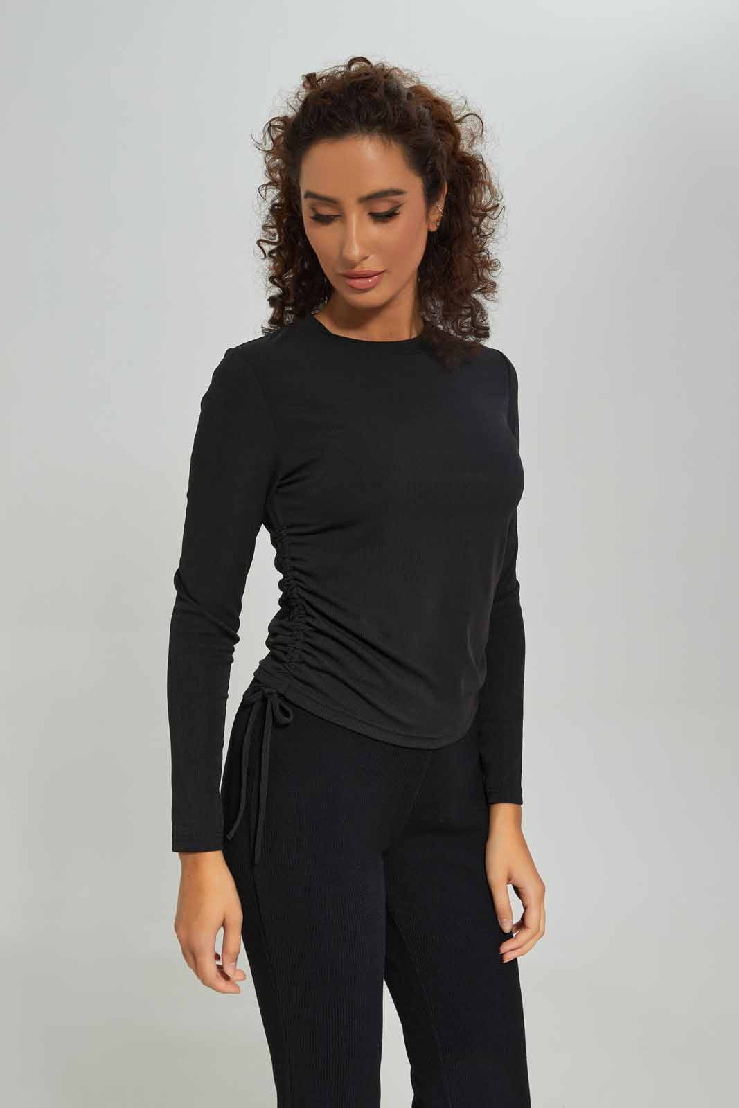 Redtag-Women-Long-Sleeve-Side-Ruched-Tshirt-Category:T-Shirts,-Colour:Black,-Deals:New-In,-Dept:Ladieswear,-Filter:Women's-Clothing,-New-In-Women-APL,-Non-Sale,-S23A,-Section:Women,-TBL,-Women-T-Shirts-Women's-