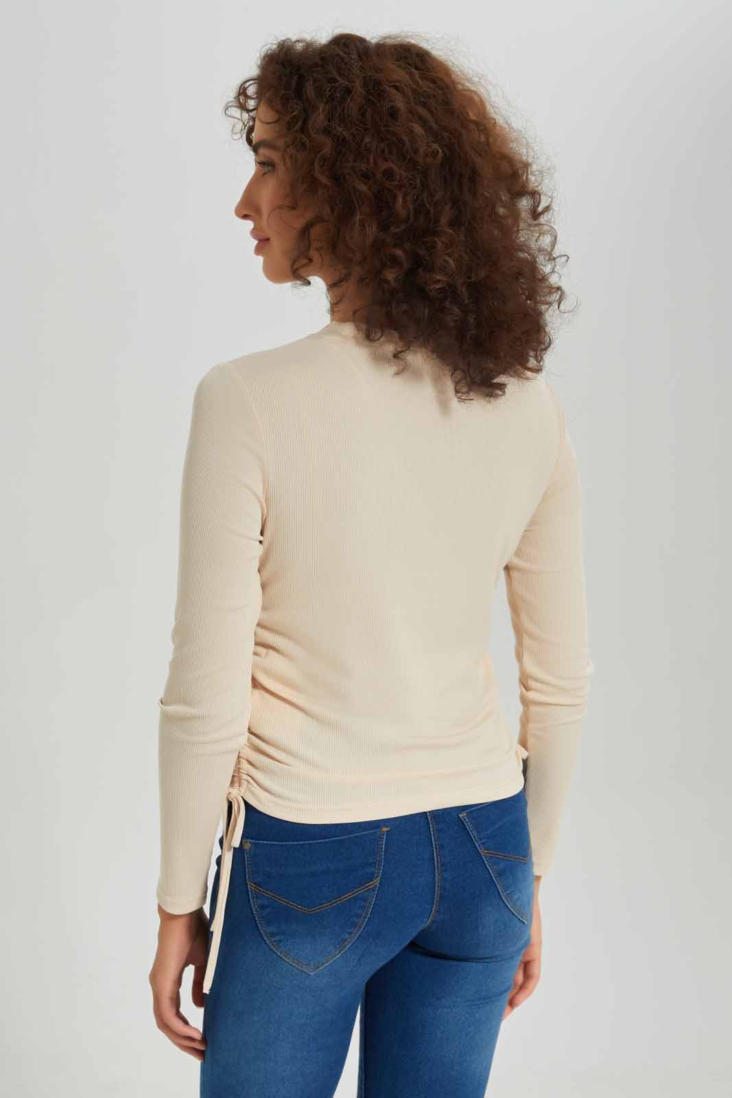 Redtag-Women-Long-Sleeve-Side-Ruched-Tshirt-Category:T-Shirts,-Colour:Beige,-Deals:New-In,-Dept:Ladieswear,-Filter:Women's-Clothing,-New-In-Women-APL,-Non-Sale,-S23A,-Section:Women,-TBL,-Women-T-Shirts-Women's-