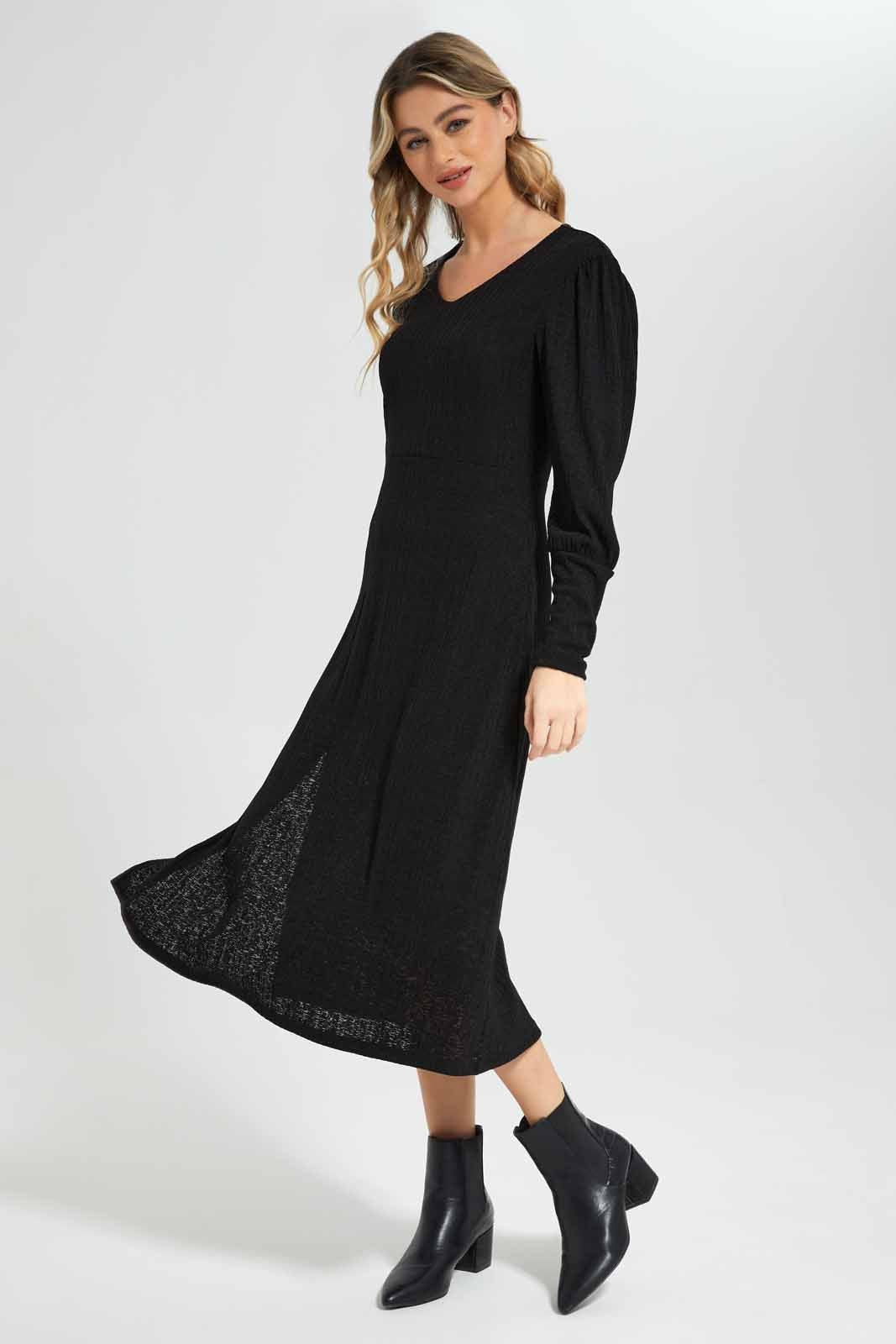 Redtag-Women-Black-Sleeve-Detail-Ribbed-Midi-Category:Dresses,-Colour:Black,-Deals:New-In,-Dept:Ladieswear,-Filter:Women's-Clothing,-New-In-Women-APL,-Non-Sale,-Section:Women,-W22B,-Women-Dresses-Women's-
