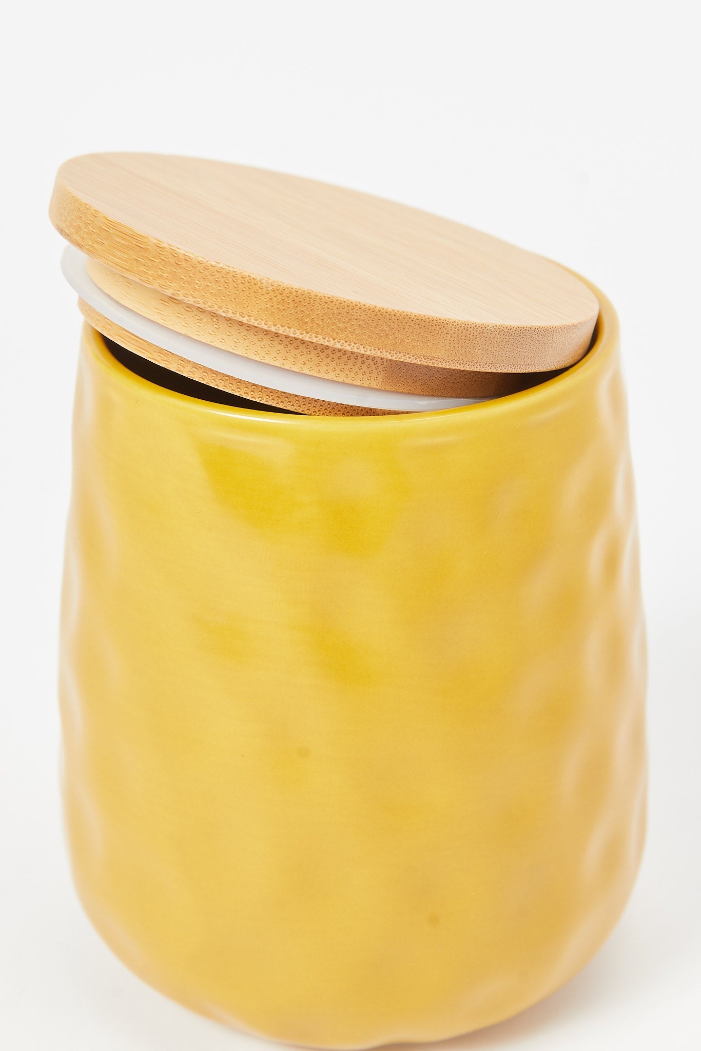Redtag-Yellow-Embossed-Canister-With-Bamboo-Lid-(Small)-Category:Canisters-And-Jars,-Colour:Yellow,-Deals:New-In,-Dept:Home,-Filter:Home-Dining,-HMW-DIN-Storage,-New-In-HMW-DIN,-Non-Sale,-S23B,-Section:Homewares-Home-Dining-