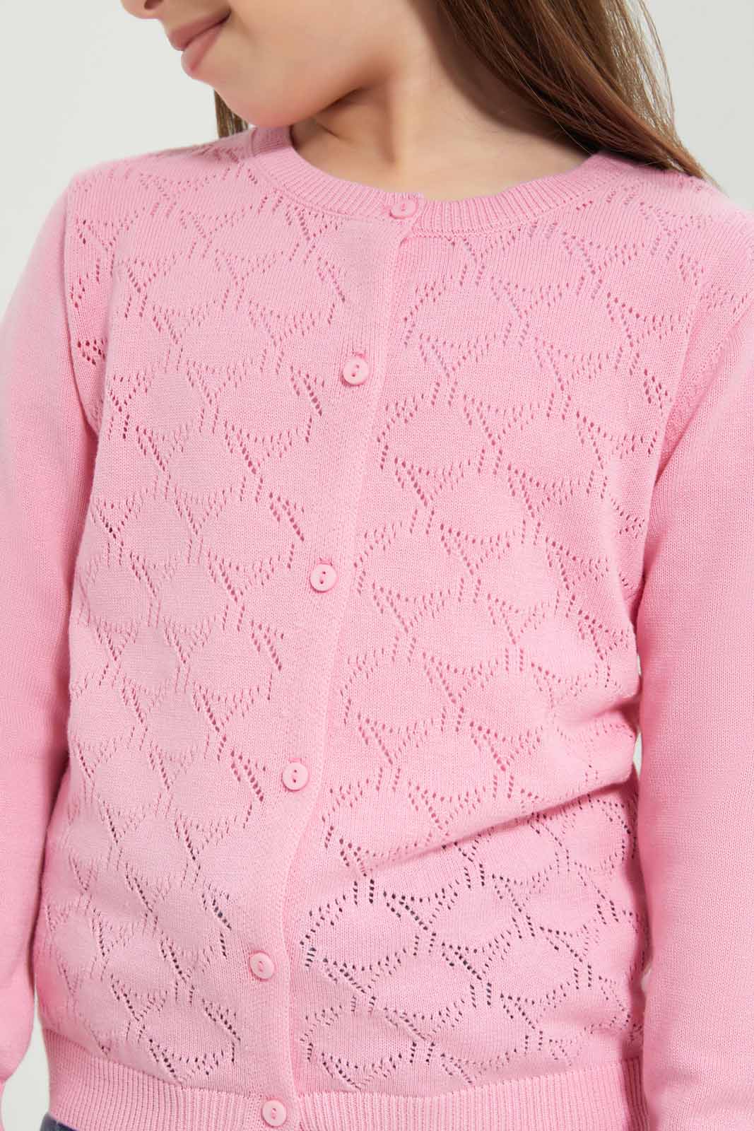 Redtag-Girls-Pink-Jacquard-Cardigan-Category:Cardigans,-Colour:Apricot,-Deals:New-In,-Dept:Girls,-Filter:Girls-(2-to-8-Yrs),-GIR-Cardigans,-New-In-GIR-APL,-Non-Sale,-S23A,-Section:Girls-(0-to-14Yrs)-Girls-
