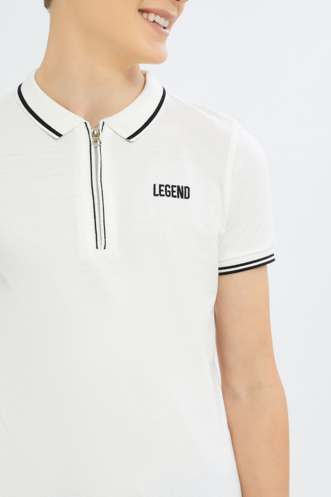 Redtag-Boys-White-Zip-Neck-Polo-BSR-Polo-T-Shirts,-Category:Polo-T-Shirts,-Colour:White,-Deals:New-In,-Dept:Boys,-Filter:Senior-Boys-(8-to-14-Yrs),-H1:KWR,-H2:BSR,-H3:TSH,-H4:POS,-New-In-BSR-APL,-Non-Sale,-S23B,-Season:S23B,-Section:Boys-(0-to-14Yrs)-Senior-Boys-9 to 14 Years