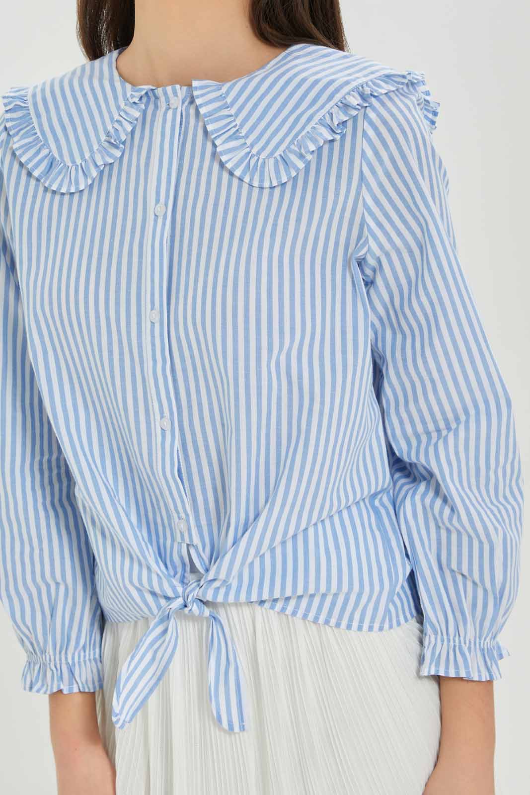 Redtag-Girls-White/Blue-Stripe-Peterpan-Collar-Front-Tie-Shirts-Category:Blouses,-Colour:Blue,-Deals:New-In,-Dept:Girls,-Filter:Senior-Girls-(8-to-14-Yrs),-GSR-Blouses,-New-In-GSR-APL,-Non-Sale,-S23A,-Section:Girls-(0-to-14Yrs)-Senior-Girls-9 to 14 Years
