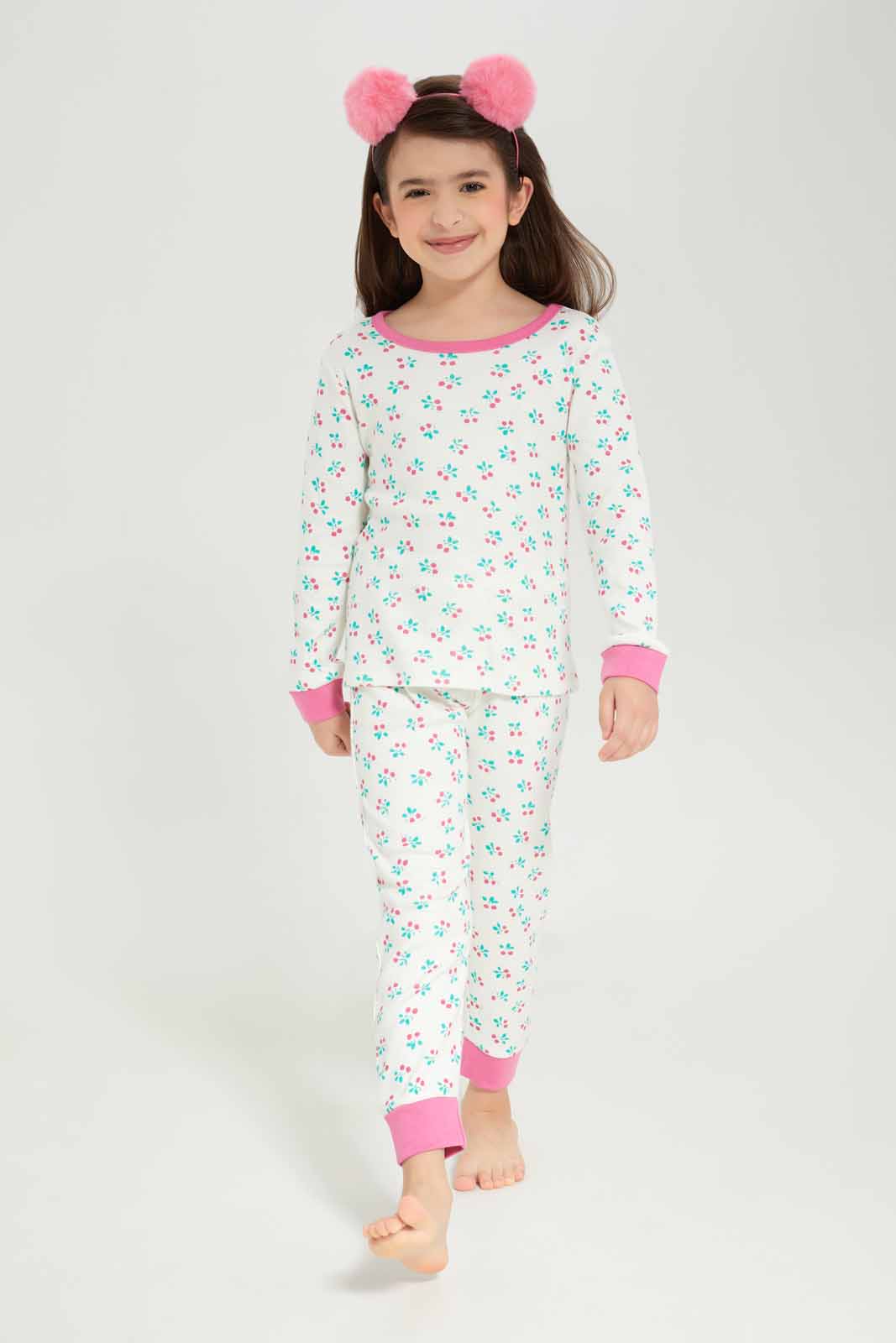 Girls Cream Printed Pyjama Set (2x Piece)