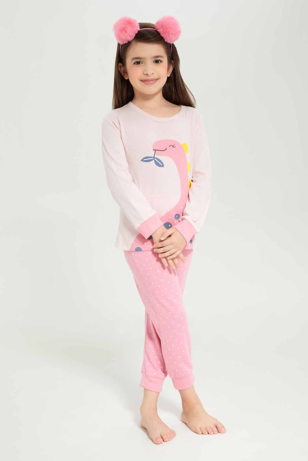 Redtag-Girls-Pink-Dinosaur-Pj-Set-Category:Pyjama-Sets,-Colour:Apricot,-Deals:New-In,-Dept:Girls,-Filter:Girls-(2-to-8-Yrs),-GIR-Pyjama-Sets,-New-In-GIR-APL,-Non-Sale,-S23A,-Section:Girls-(0-to-14Yrs)-Girls-